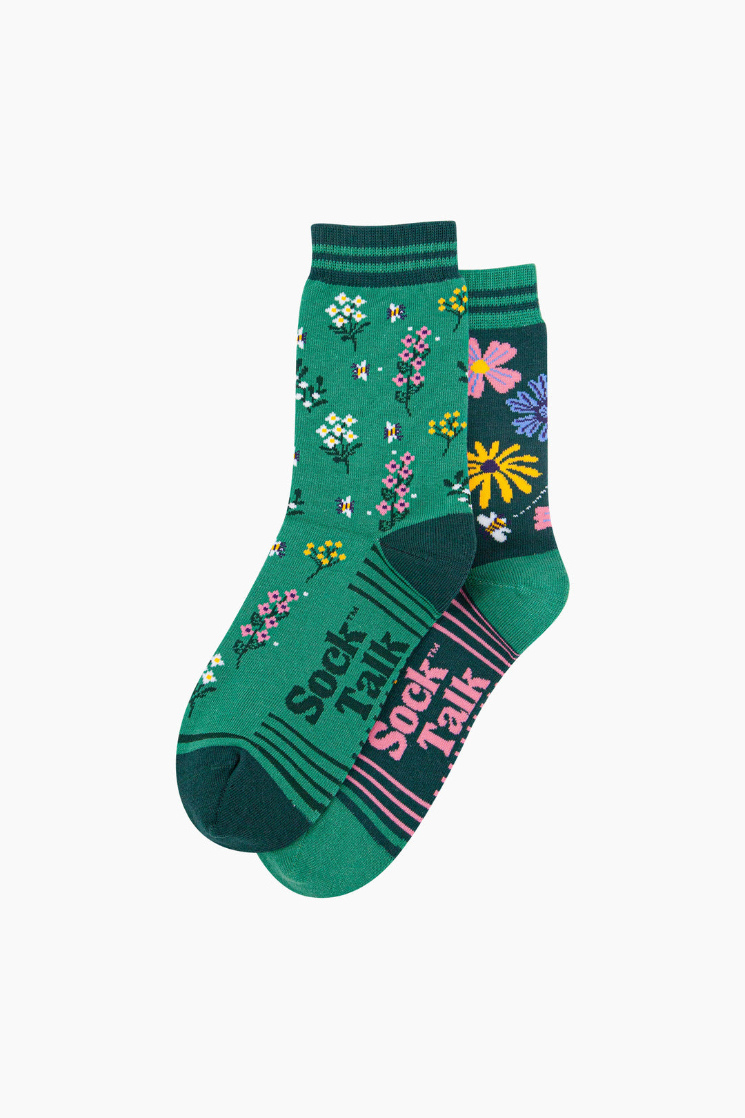 Floral-Combed-Cotton-Odd-Socks-in-Green-Lying-Flat