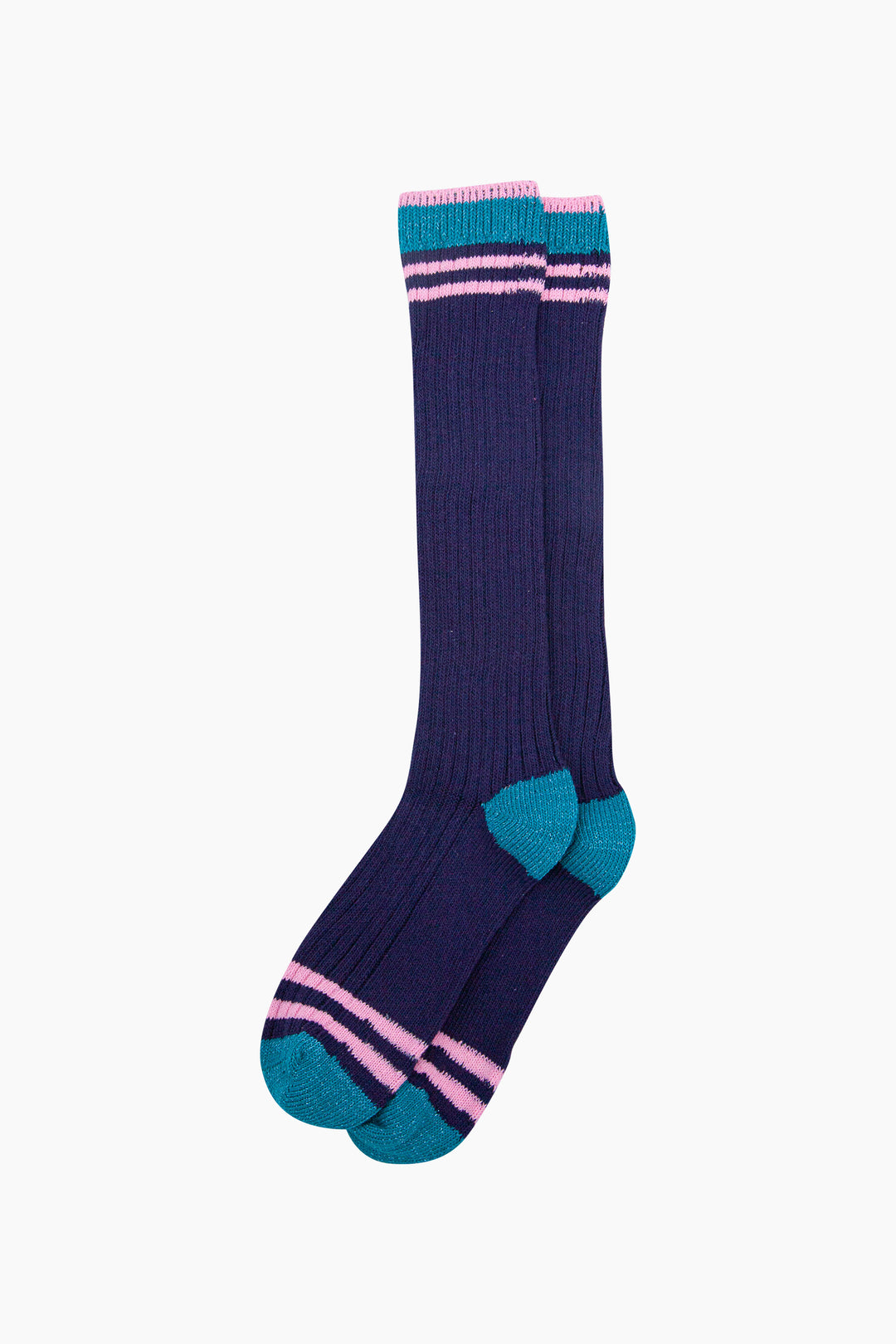 Striped-Combed-Cotton-Knee-High-Glitter-Socks-in-Navy-Green-flat-lay