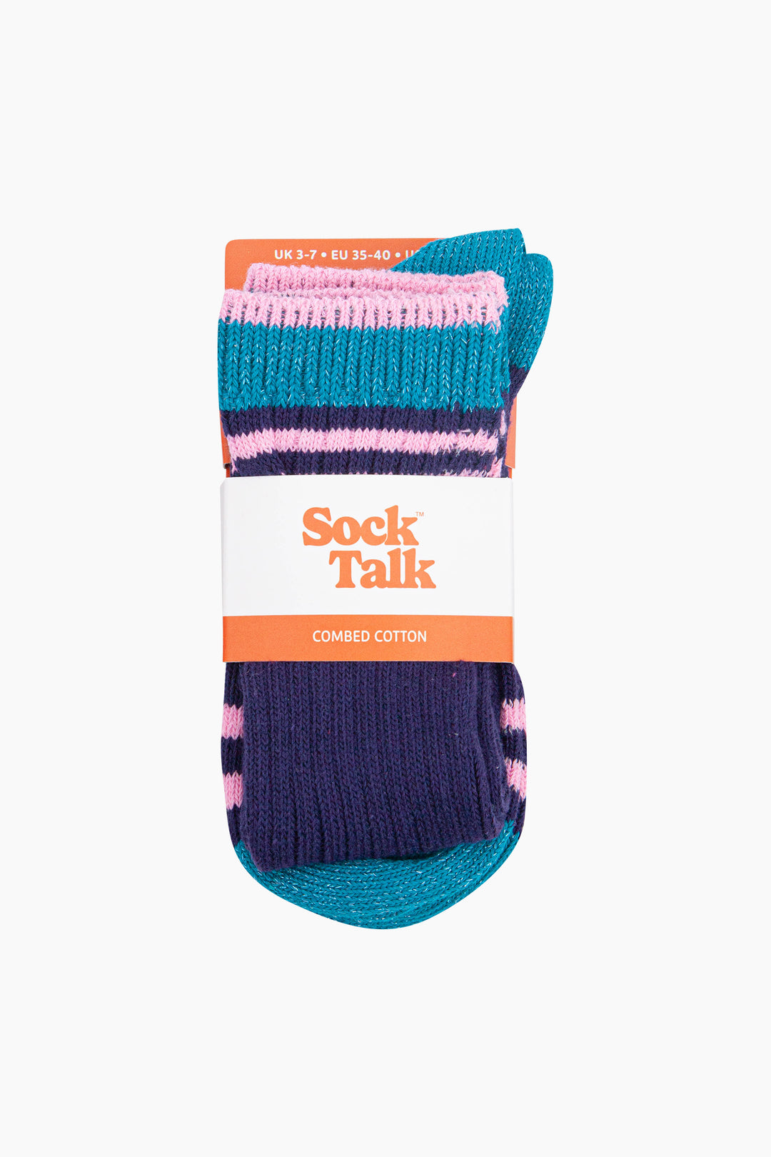 Striped-Combed-Cotton-Knee-High-Glitter-Socks-in-Navy-Green-in-packaging
