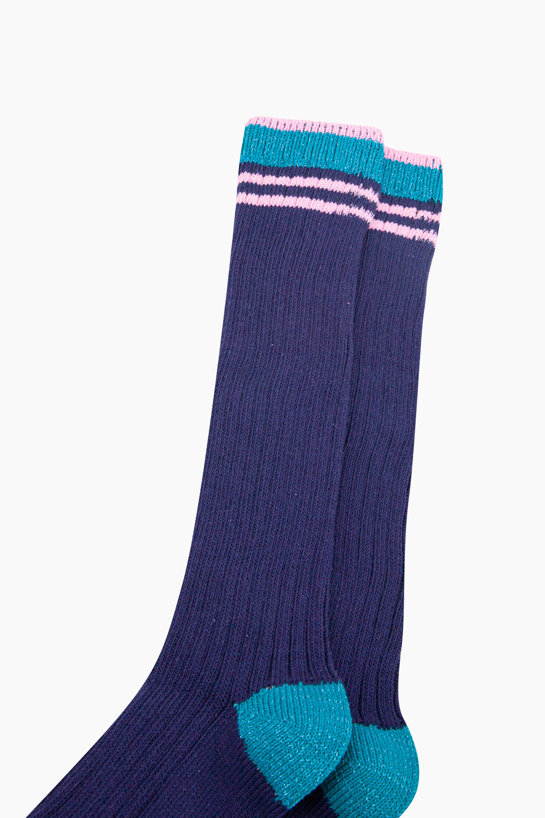 Striped-Combed-Cotton-Knee-High-Glitter-Socks-in-Navy-Green-close-up