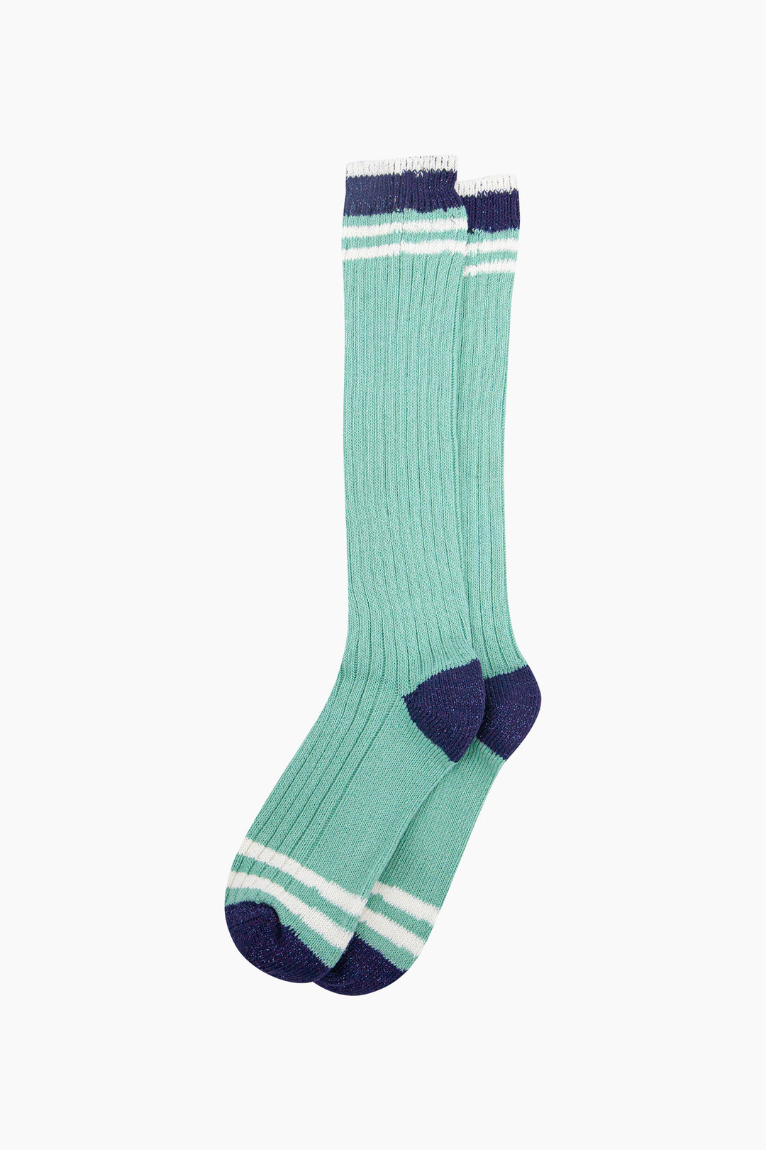 Striped-Combed-Cotton-Knee-High-Glitter-Socks-in-Green-Navy-flat-lay