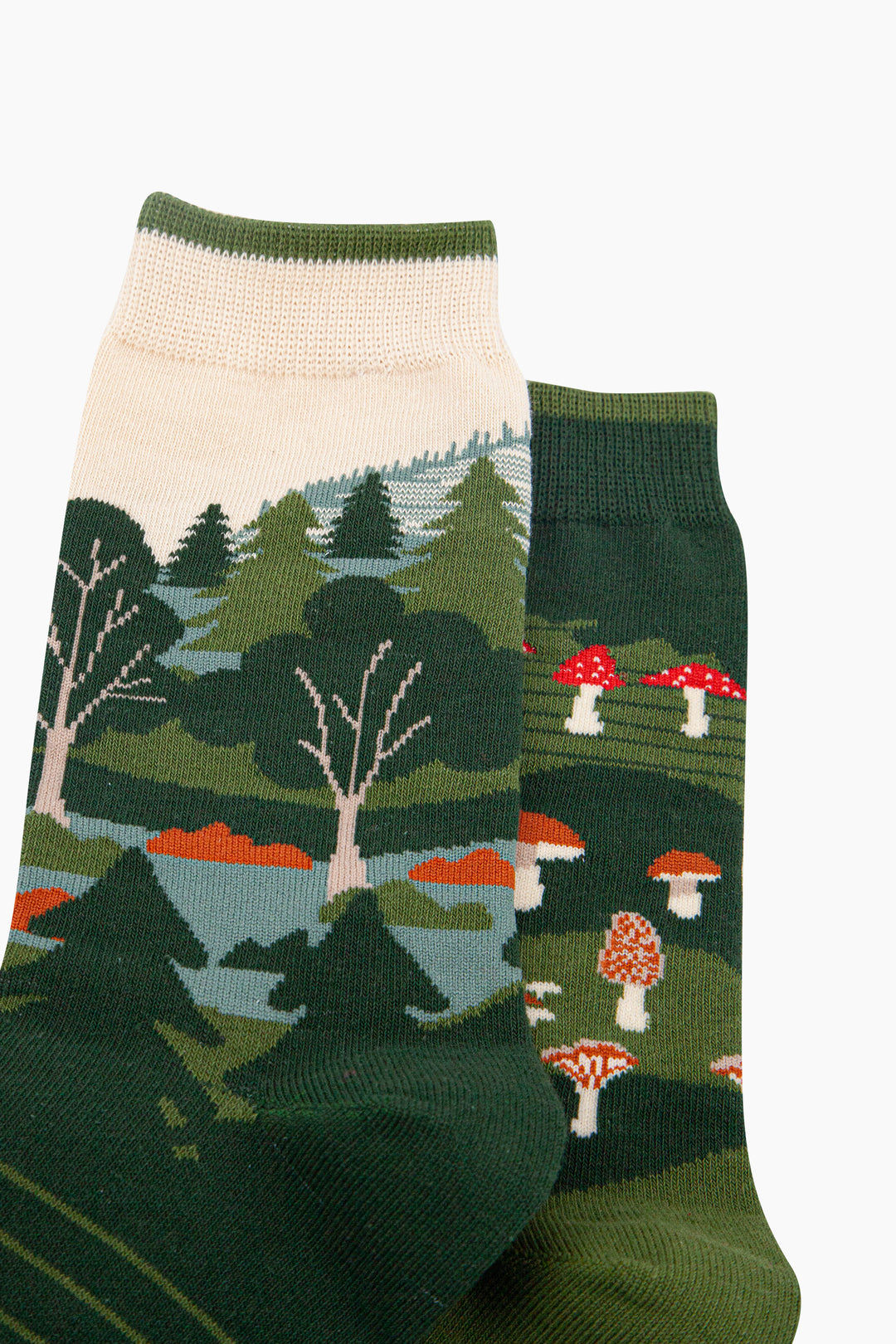 Woodland-Forest-Combed-Cotton-Odd-Socks-in-Green-Closeup