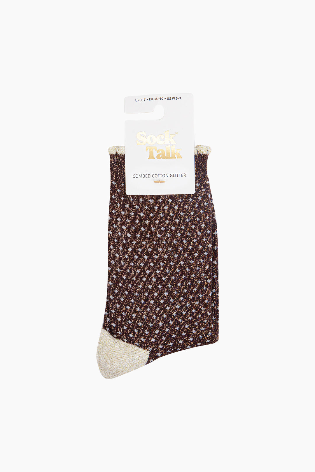 Polka-Dots-Combed-Cotton-Glitter-Socks-in-Chocolate-Brown-in-packaging