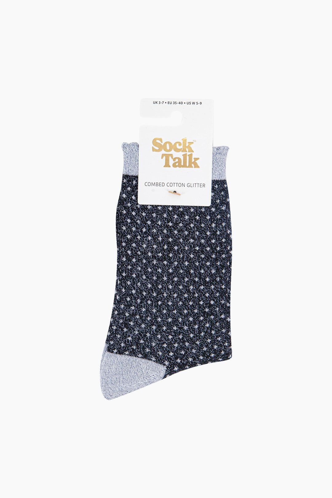 Polka-Dots-Combed-Cotton-Glitter-Socks-in-Navy-Blue-in-packaging