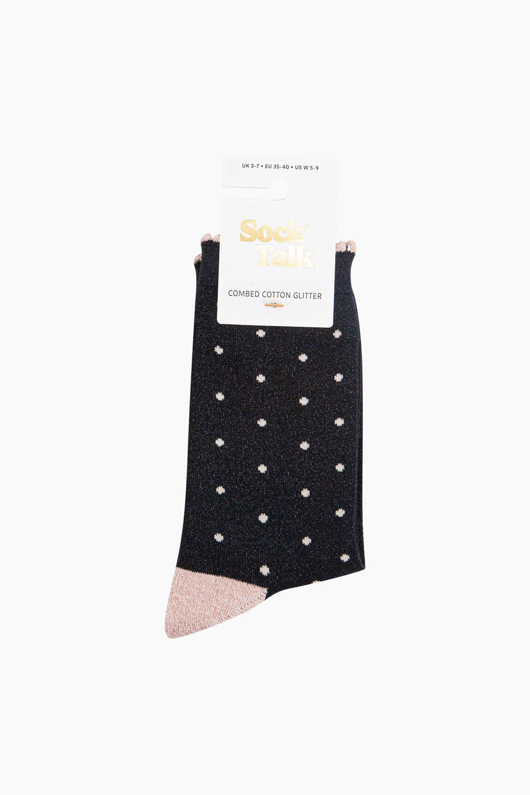 Small-Spots-Combed-Cotton-Glitter-Socks-in-Black-Gold-in-packaging