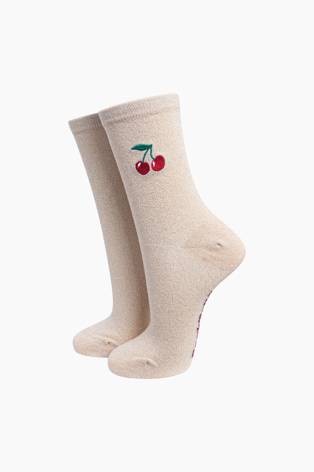 Cherry Combed Cotton Glitter Embroidered Socks in Cream