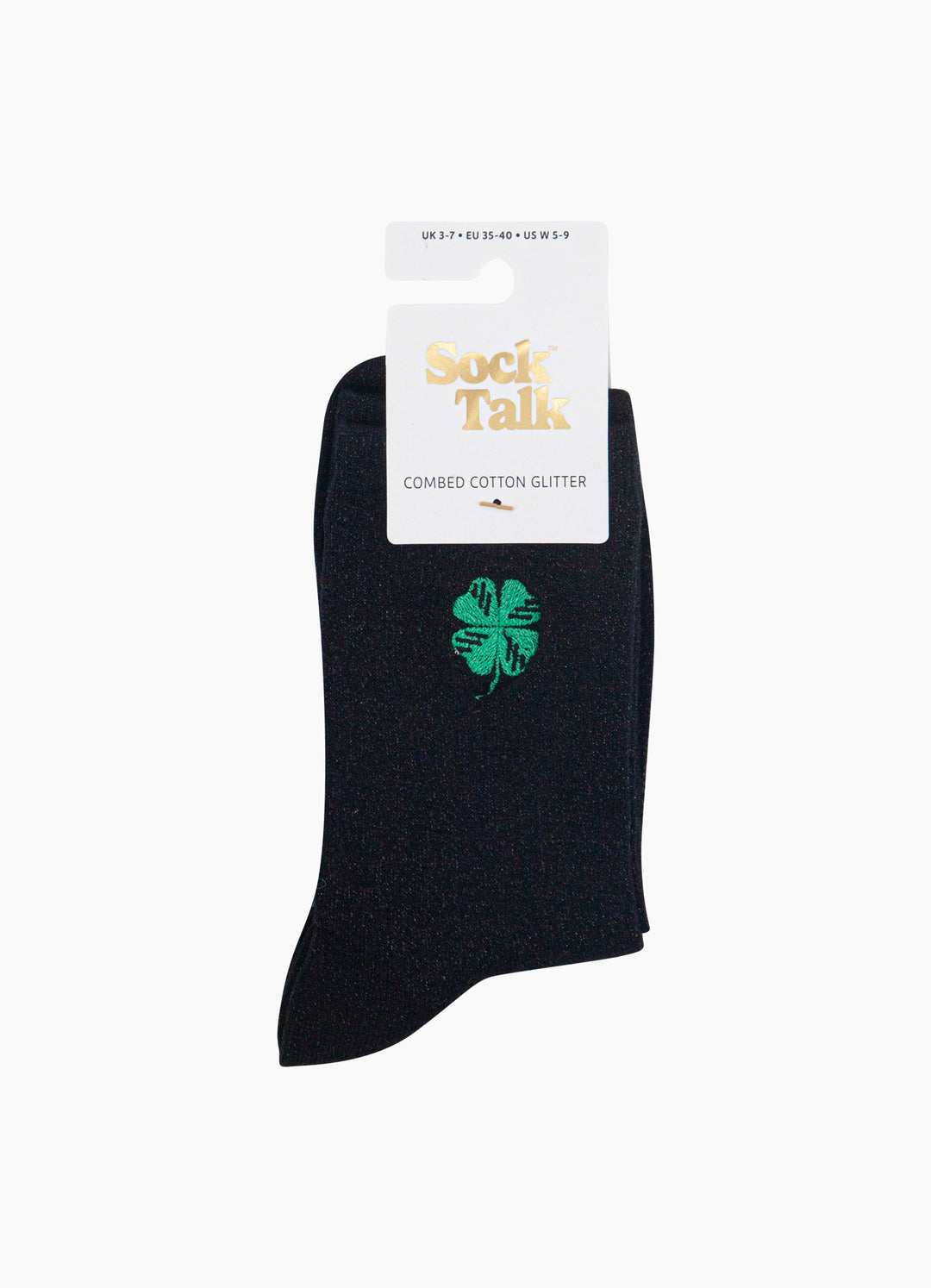 Four-Leaf-Clover-Combed-Cotton-Glitter-Embroidered-Socks-in-Black-In-Packaging