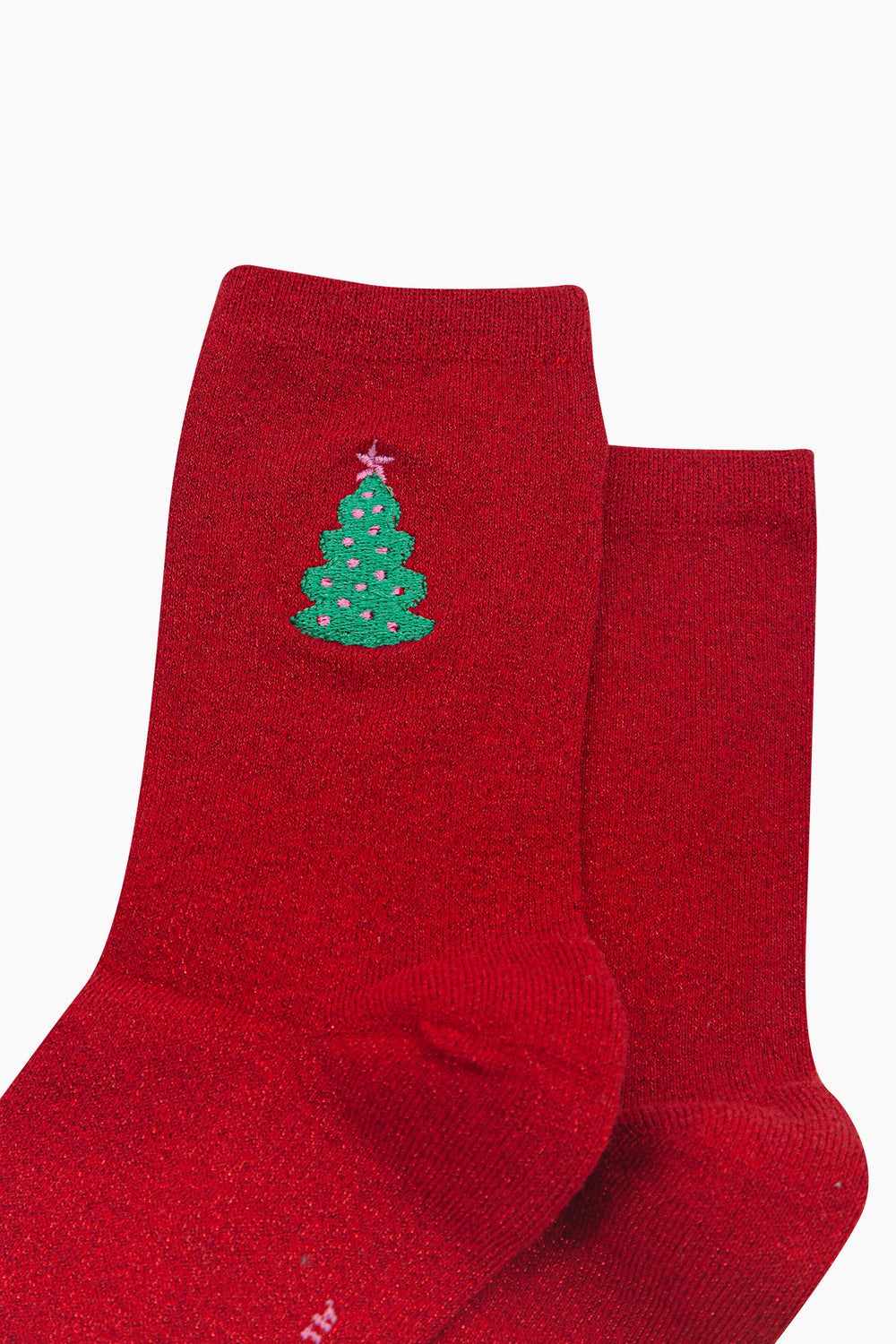 Christmas-Tree-Combed-Cotton-Glitter-Embroidered-Socks-in-Red-Close-Up