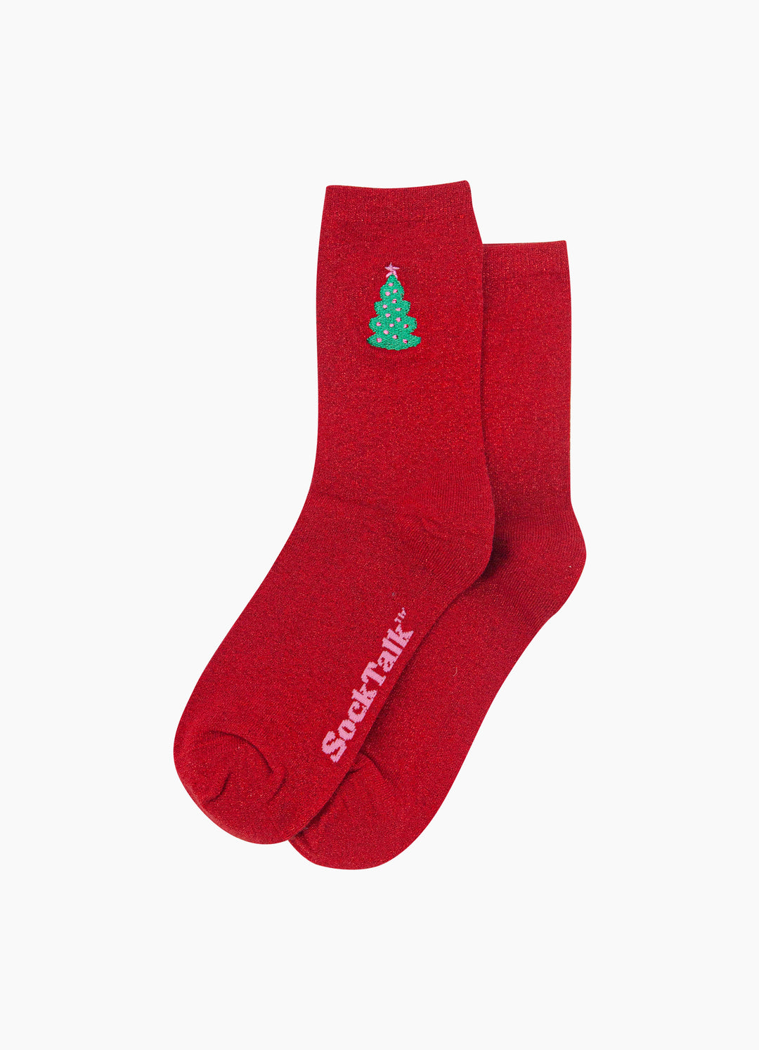Christmas-Tree-Combed-Cotton-Glitter-Embroidered-Socks-in-Red-Laid-Flat