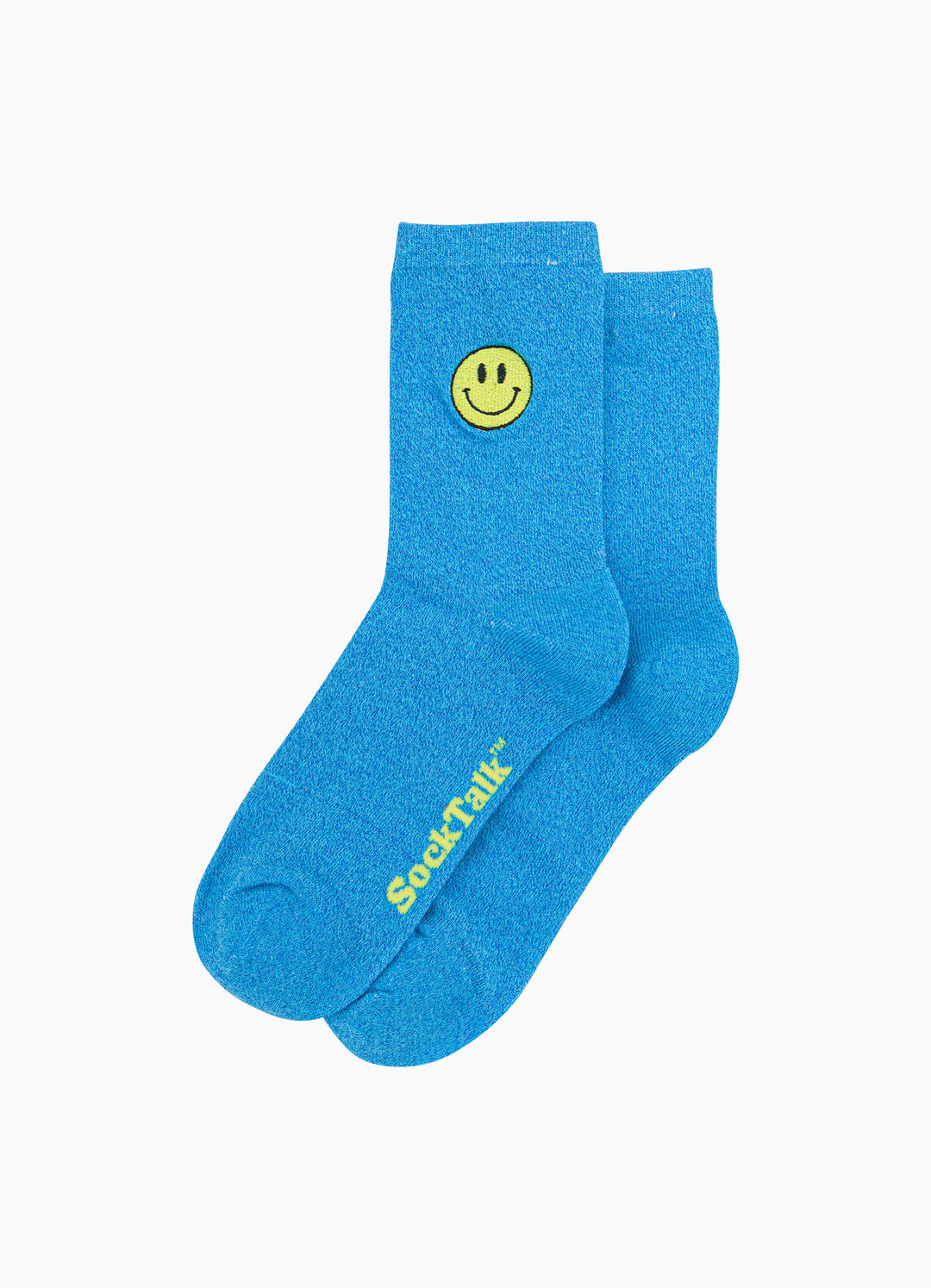 Smiley-Face-Combed-Cotton-Glitter-Embroidered-Socks-in-Electric-Blue-Laid-Flat