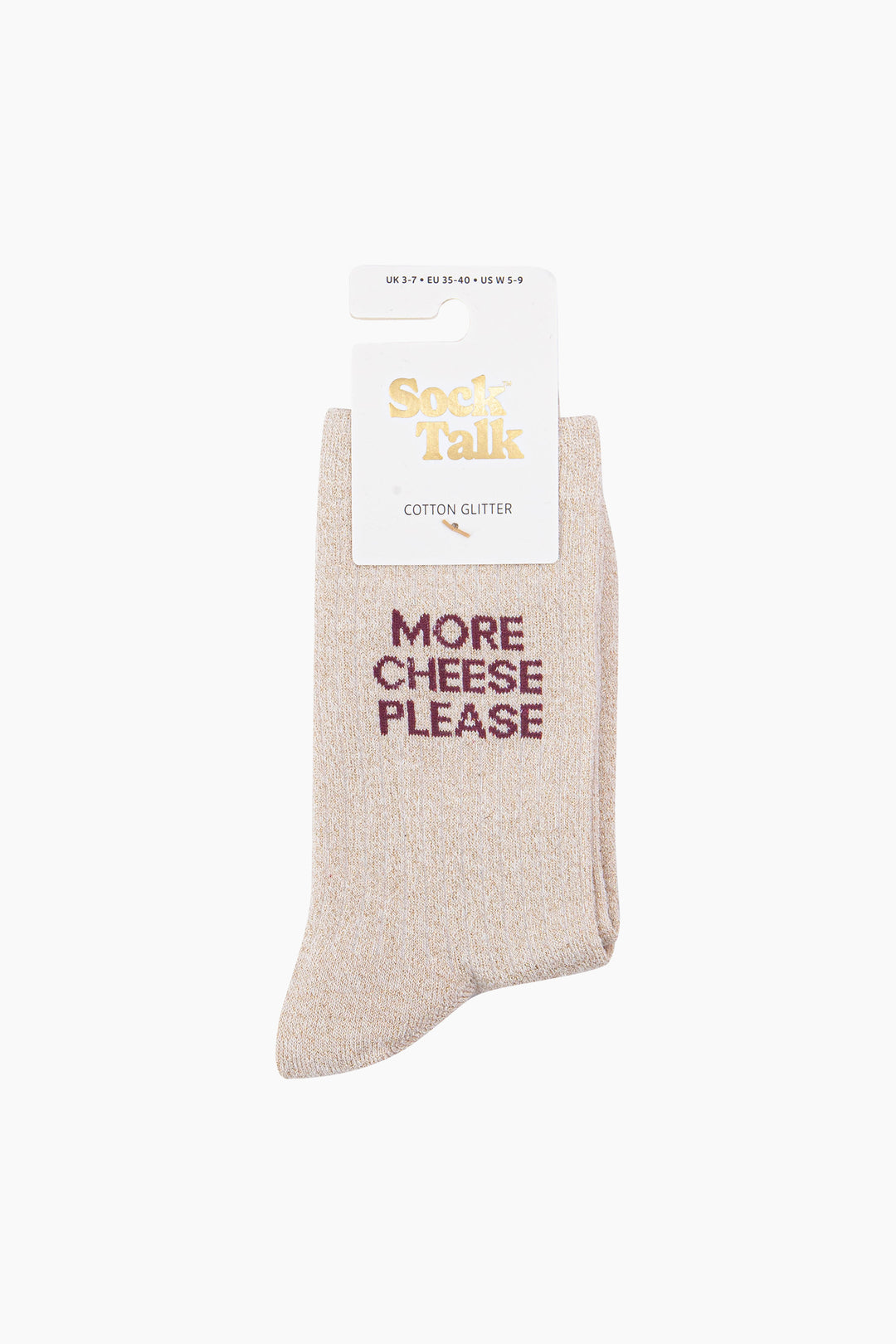 More-Cheese-Please-Combed-Cotton-Glitter-Socks-in-Cream-In-Packaging
