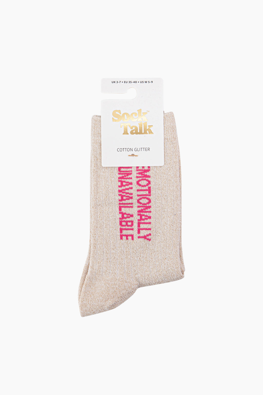 Emotionally-Unavailable-Combed-Cotton-Glitter-Socks-in-Cream-In-Packaging
