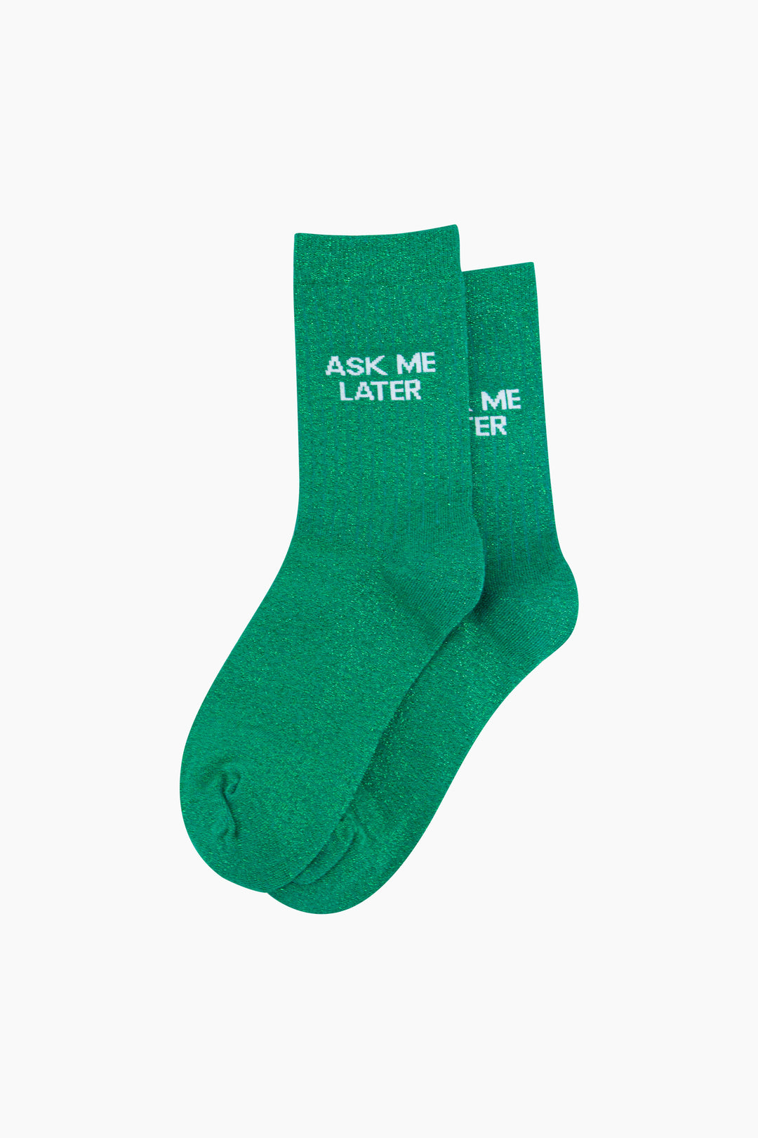 Ask-Me-Later-Glitter-Combed-Cotton-Word-Crew-Socks-for-Women-Green-flat-lay