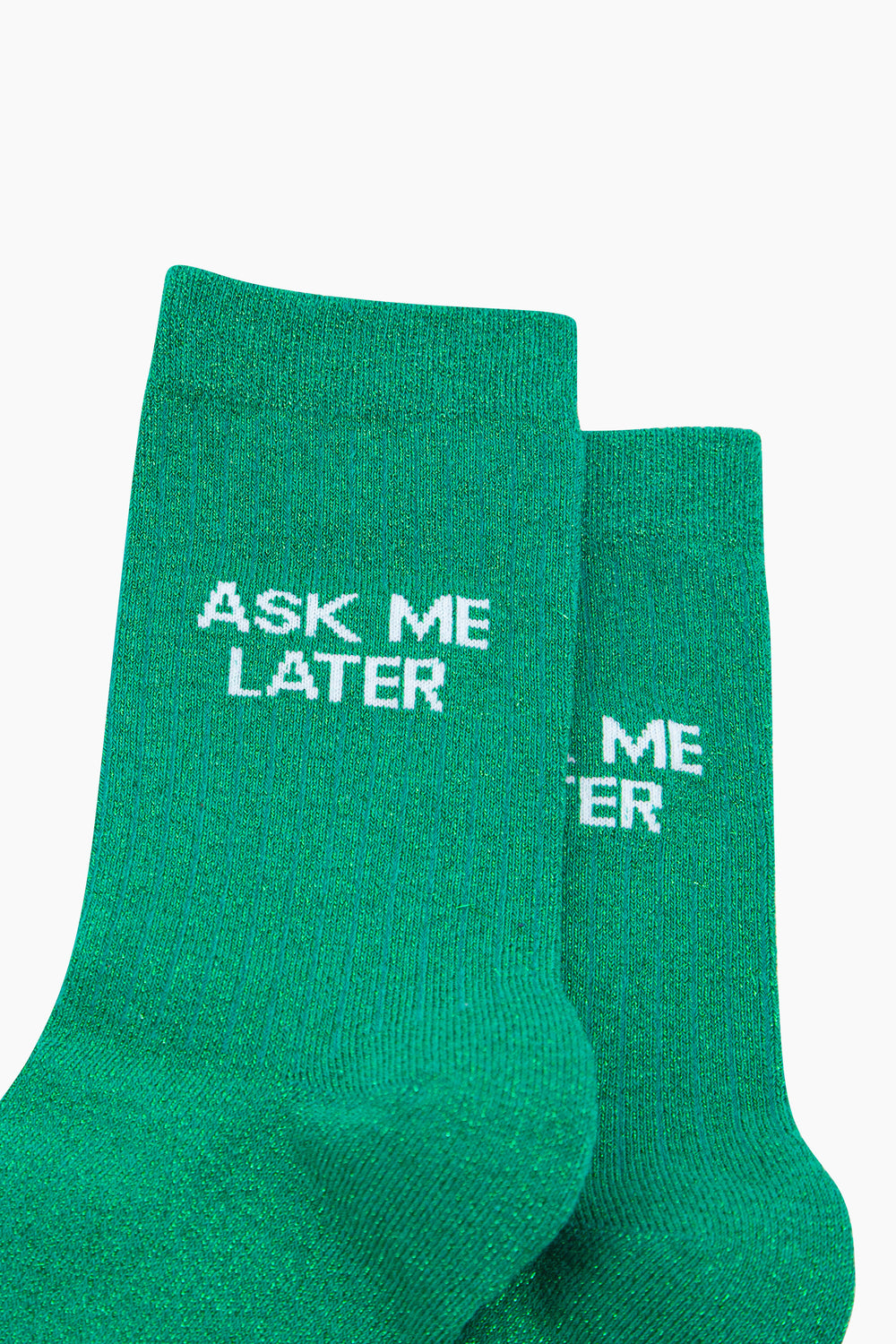 Ask-Me-Later-Glitter-Combed-Cotton-Word-Crew-Socks-for-Women-Green-close-up