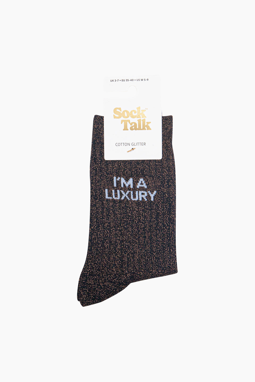 I'm-a-Luxury-Combed-Cotton-Glitter-Socks-in-Black-/Brown-In-Packaging