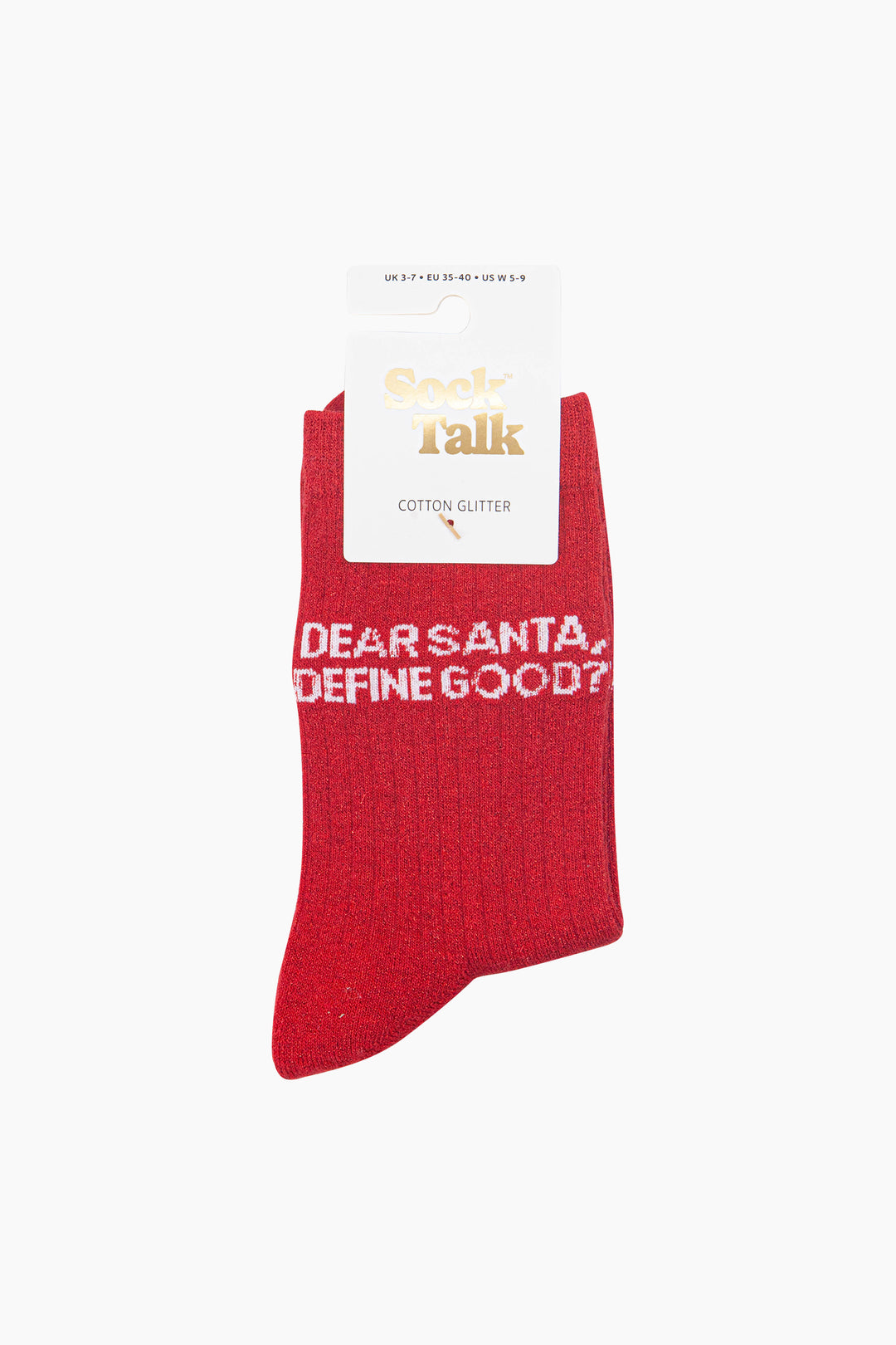Dear-Santa,-Define-Good?-Combed-Cotton-Glitter-Socks-in-Red-In-Packaging