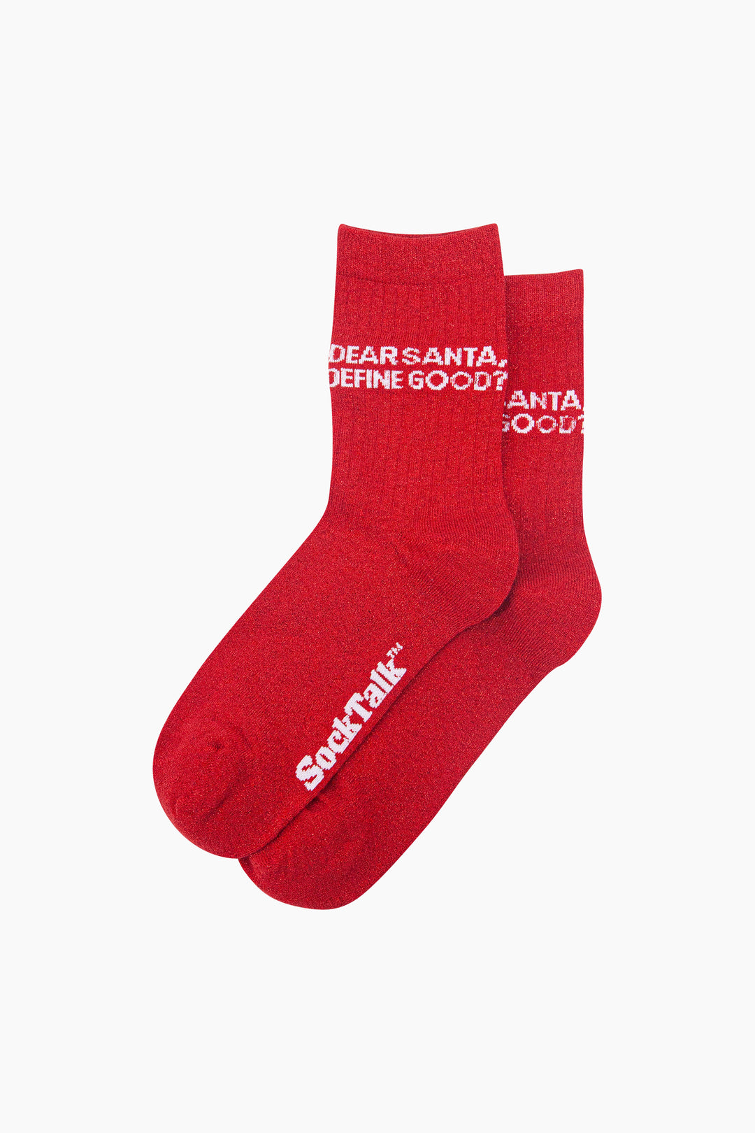 Dear-Santa,-Define-Good?-Combed-Cotton-Glitter-Socks-in-Red-Laid-Flat
