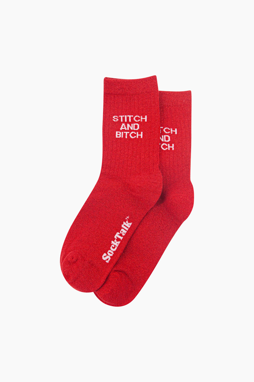 Stitch-and-Bitch-Combed-Cotton-Glitter-Socks-in-Red-On-Mannequin-Laid-Flat