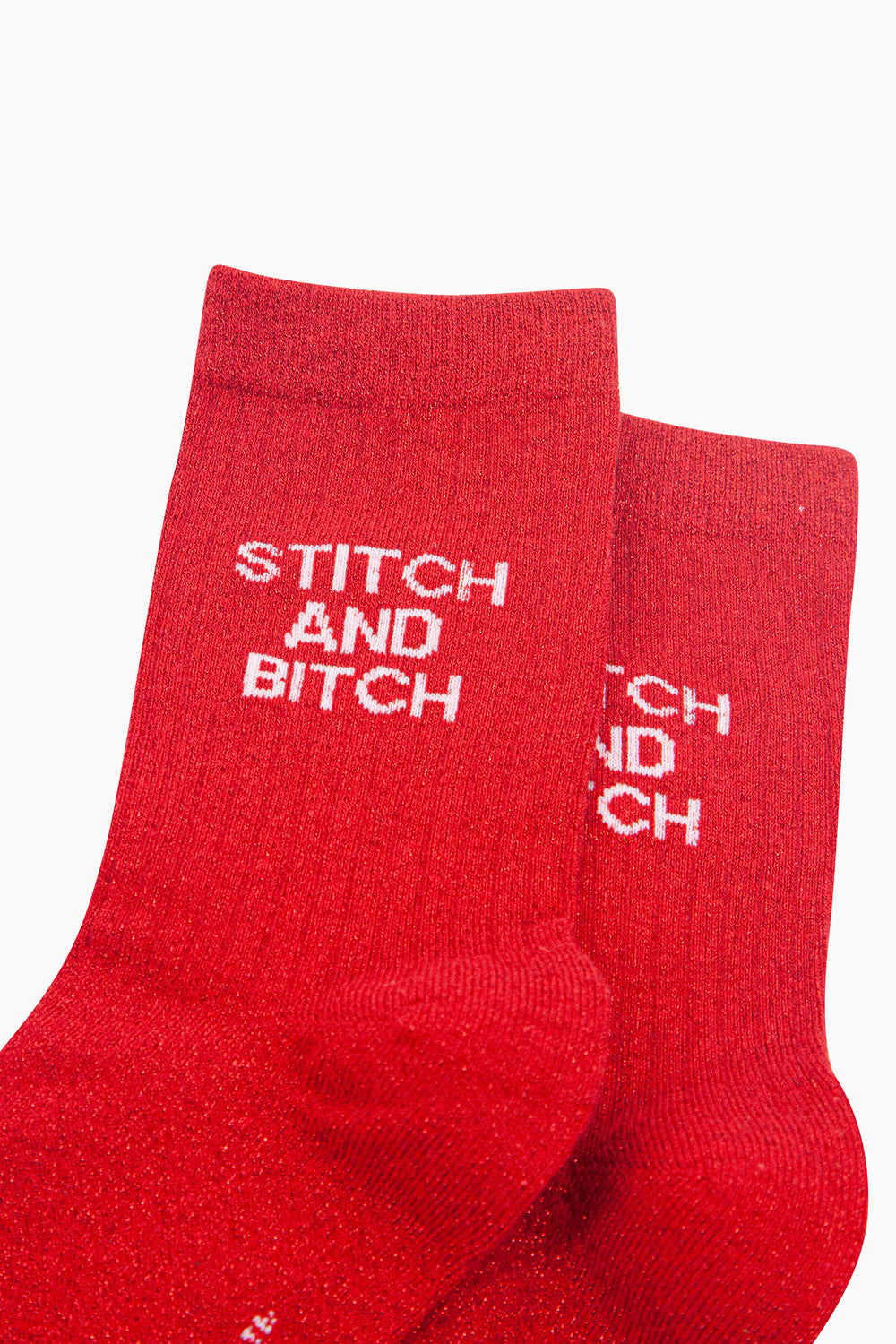 Stitch-and-Bitch-Combed-Cotton-Glitter-Socks-in-Red-On-Mannequin-Close-Up