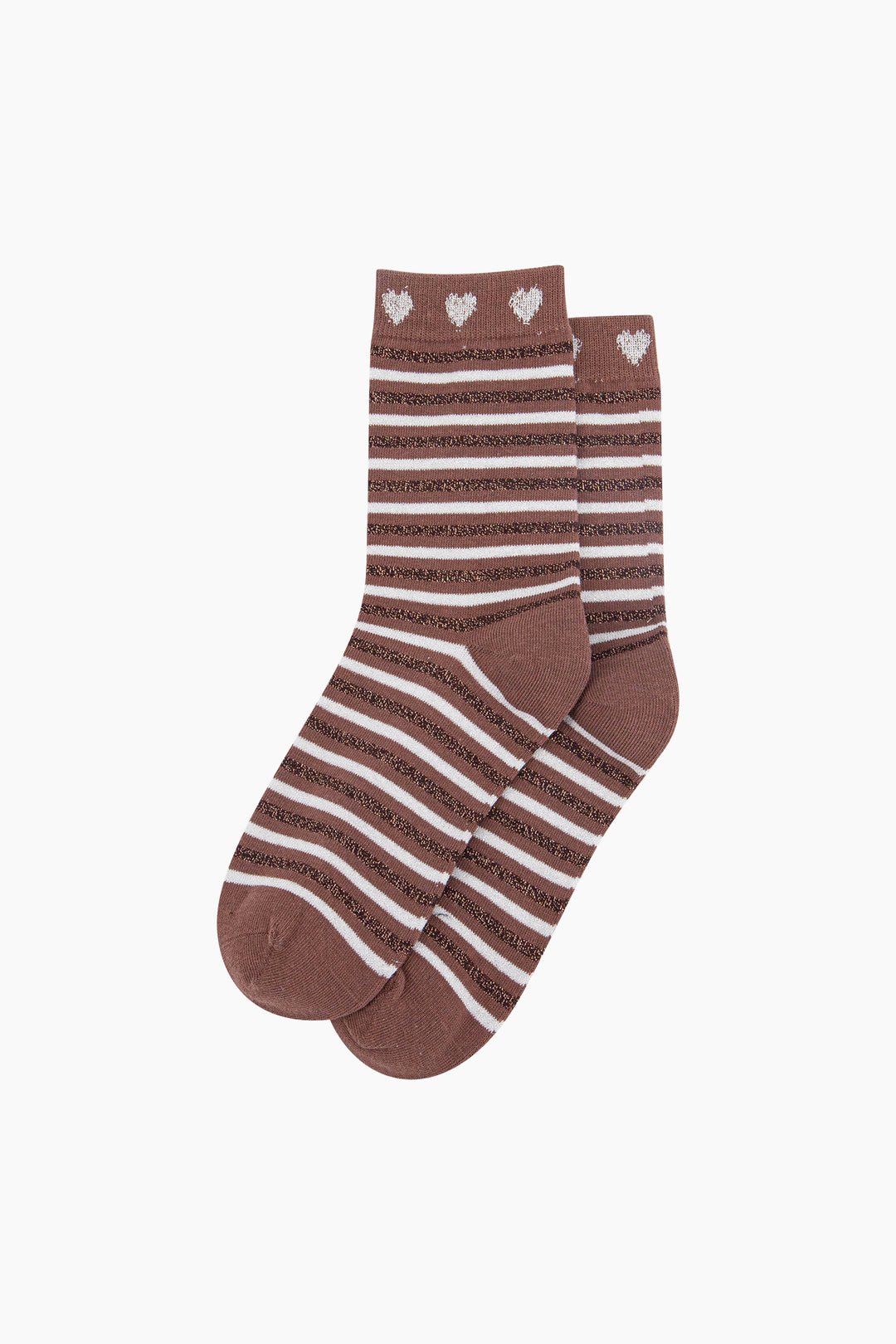 Stripes-Hearts-Combed-Cotton-Glitter-Socks-in-Chocolate-Beige-Lying-Flat