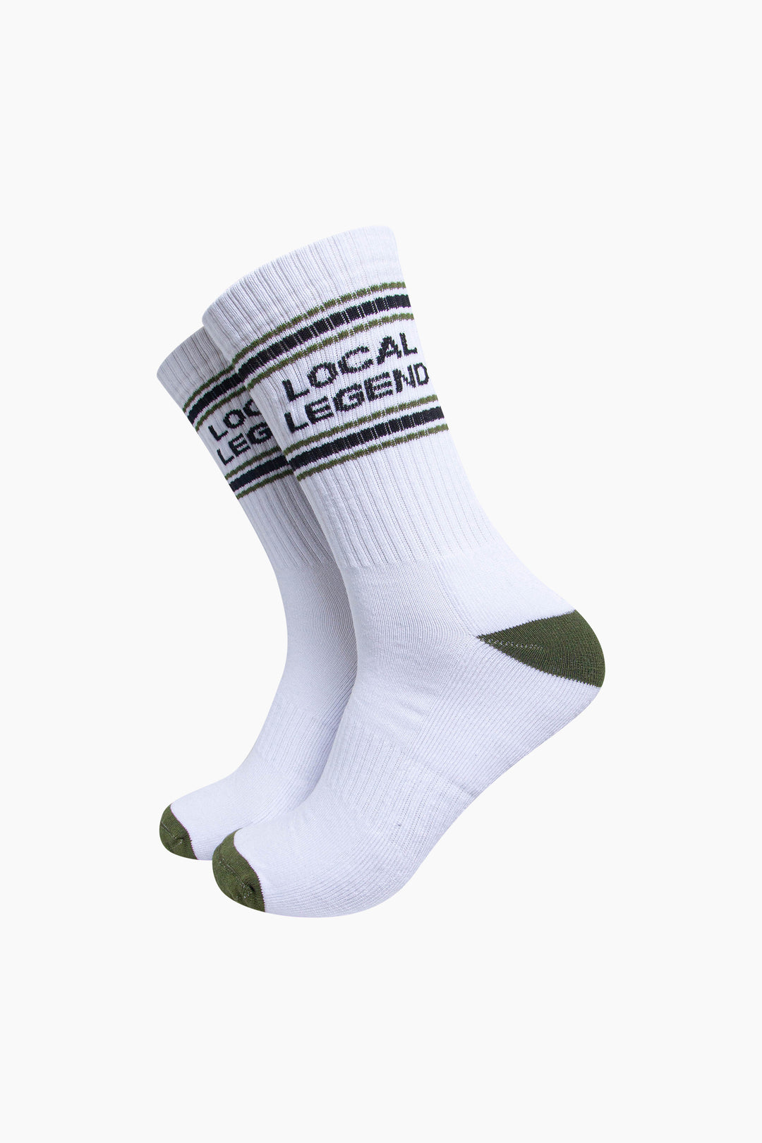 Local-Legend-Organic-Cotton-Sports-Socks-in-White/Khaki-Green-On-Mannequin