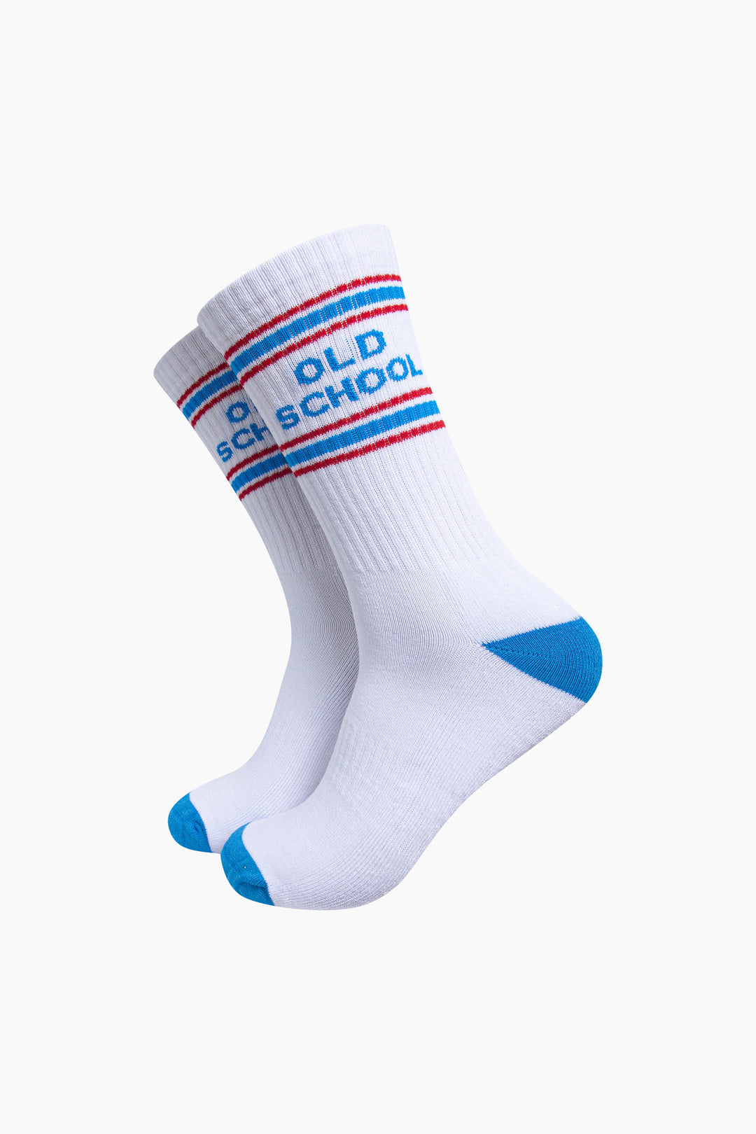 Old-School-Organic-Cotton-Sports-Socks-in-White/Blue-On-Mannequin
