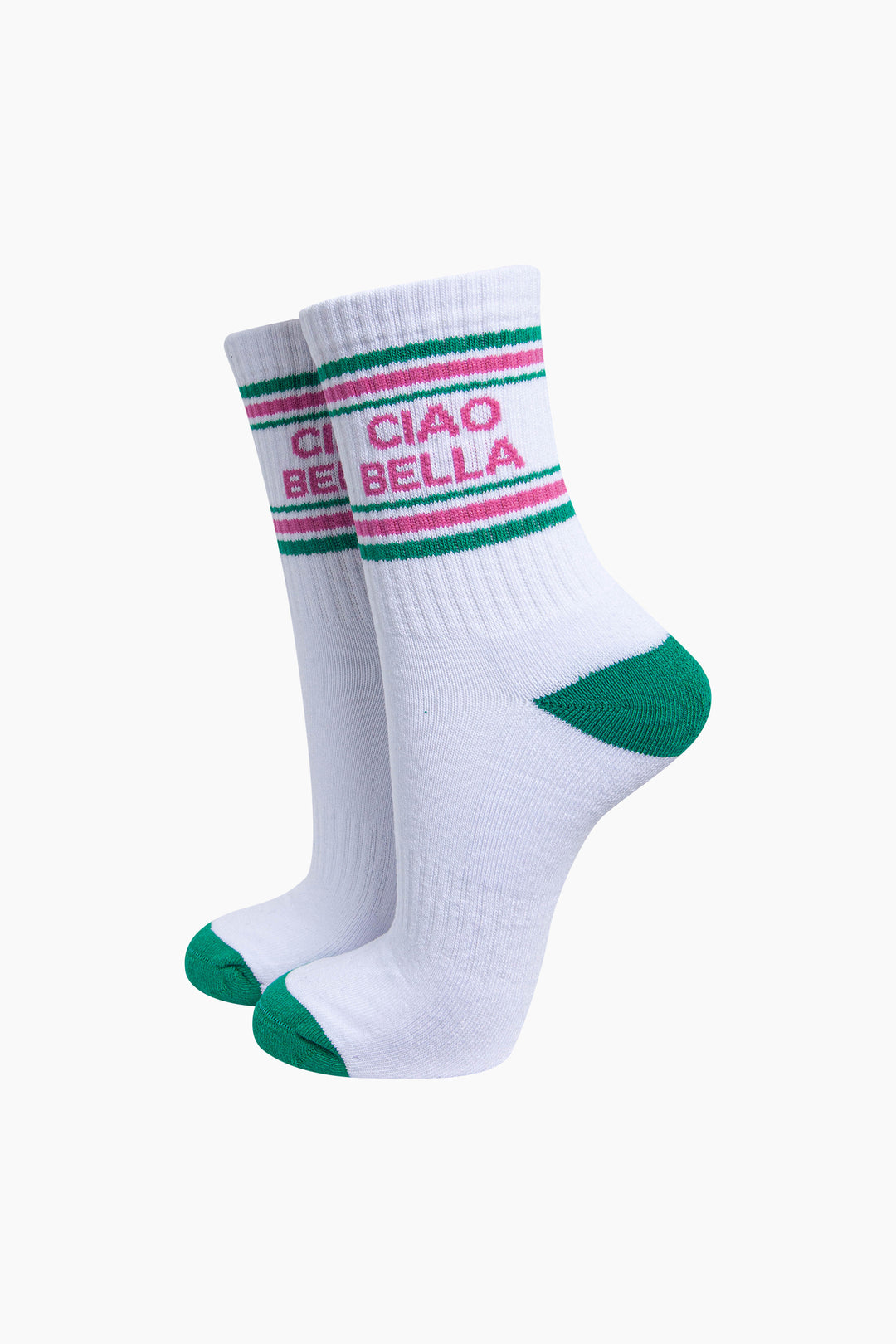 Ciao-Bella-Organic-Cotton-Sports-Socks-in-White/Green-On-Mannequin