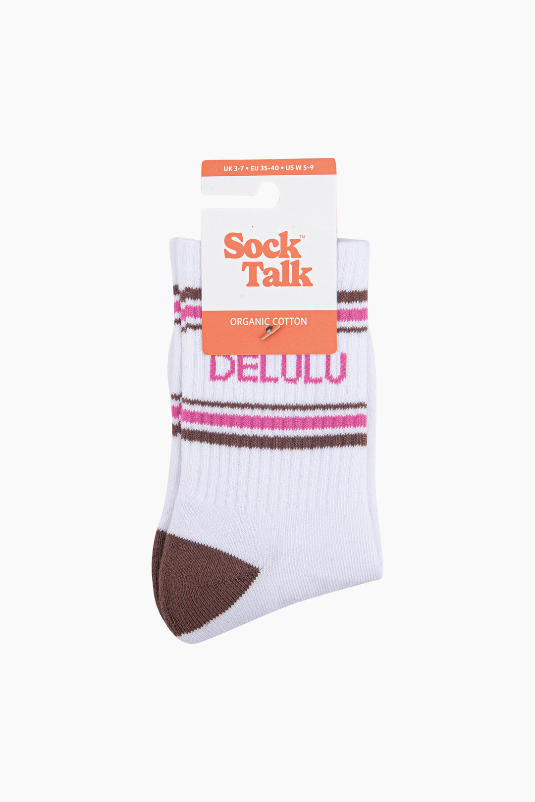 Delulu-Organic-Cotton-Sports-Socks-in-White/Brown-In-Packaging