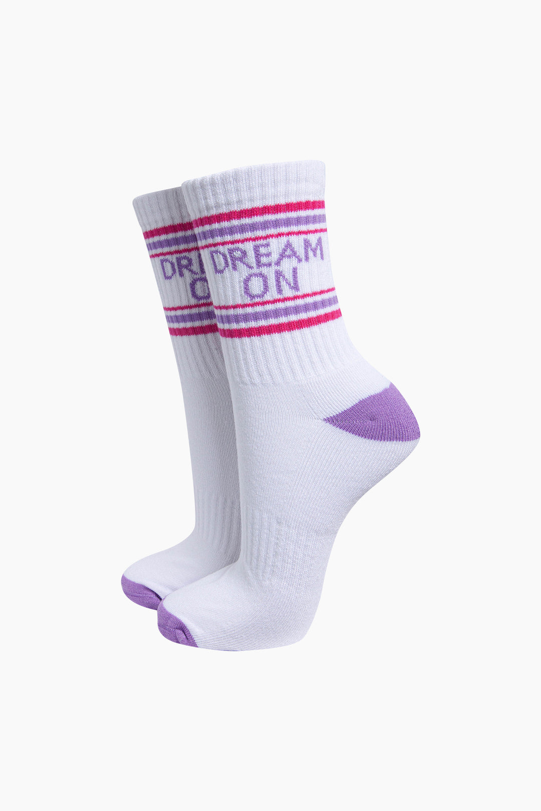 Dream-On-Organic-Cotton-Sports-Socks-in-White/Lilac-On-Mannequin