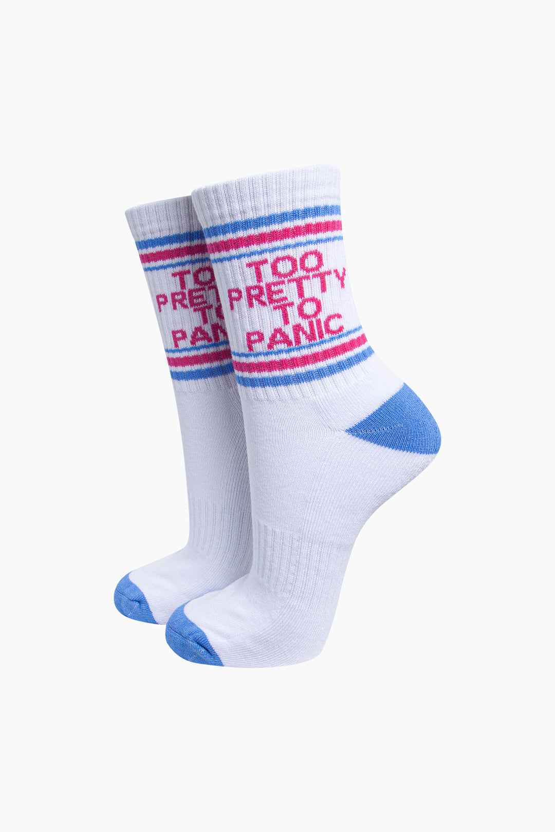Too-Pretty-To-Panic-Organic-Cotton-Sports-Socks-in-White/Blue-On-Mannequin