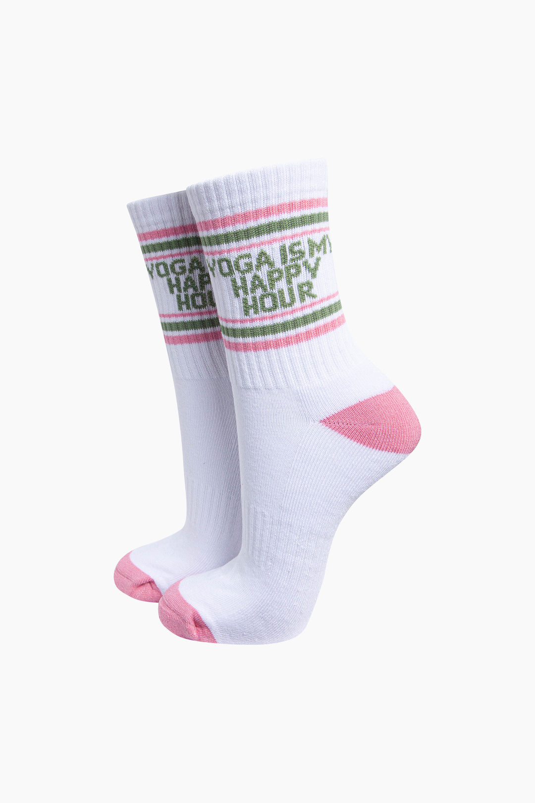 Yoga-Is-My-Happy-Hour-Organic-Cotton-Sports-Socks-in-White/Pink-On-Mannequin