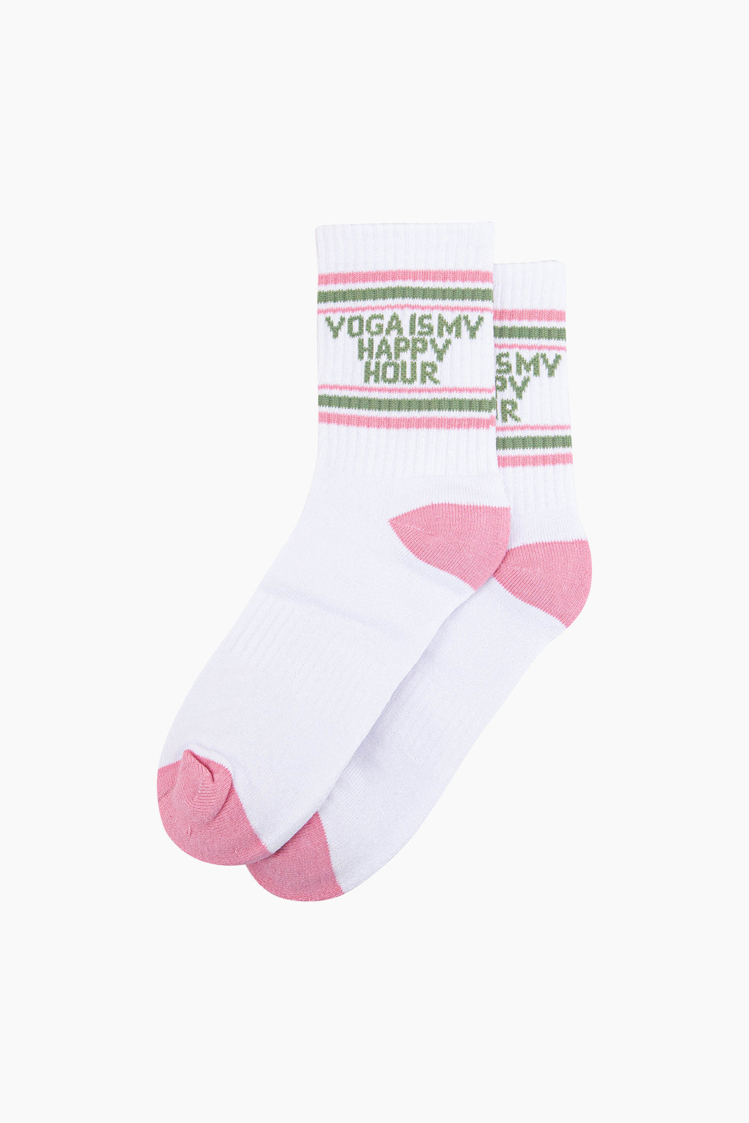 Yoga-Is-My-Happy-Hour-Organic-Cotton-Sports-Socks-in-White/Pink-Laid-Flat