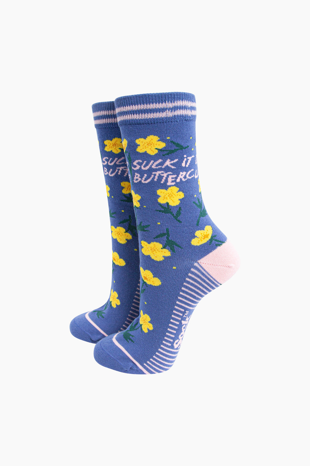 Suck-It-Up-Buttercup-Combed-Cotton-Socks-in-Blue-Mannequin