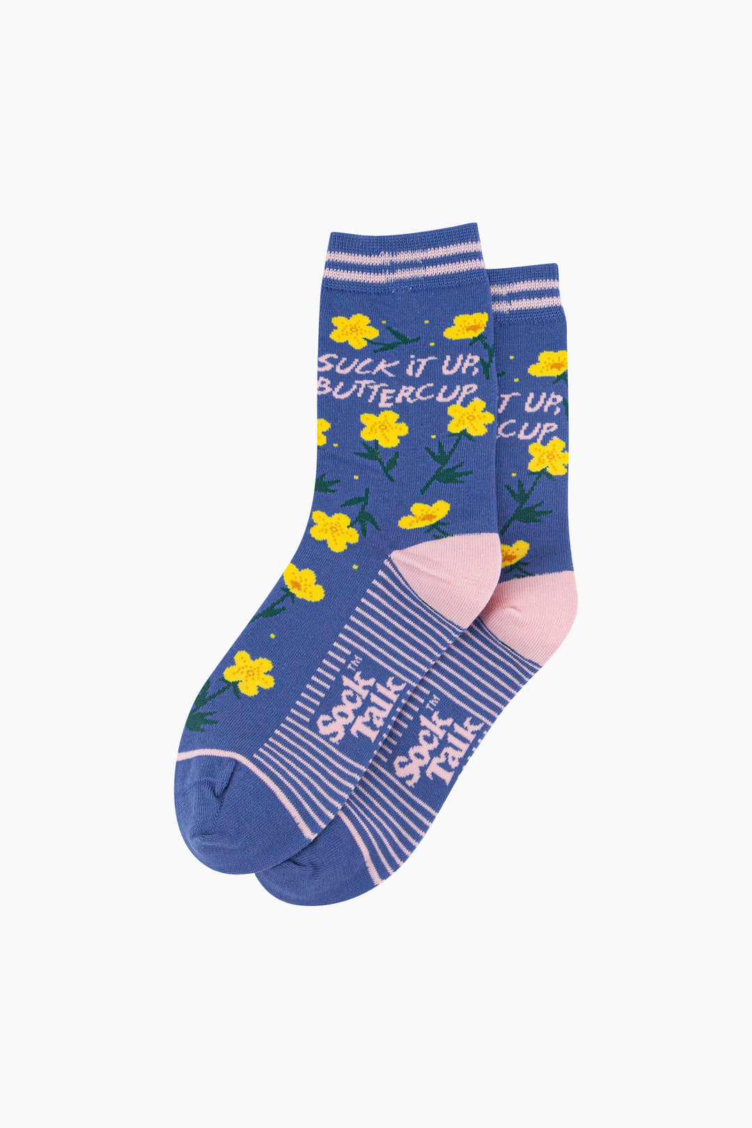 Suck-It-Up-Buttercup-Combed-Cotton-Socks-in-Blue-Lying-Flat