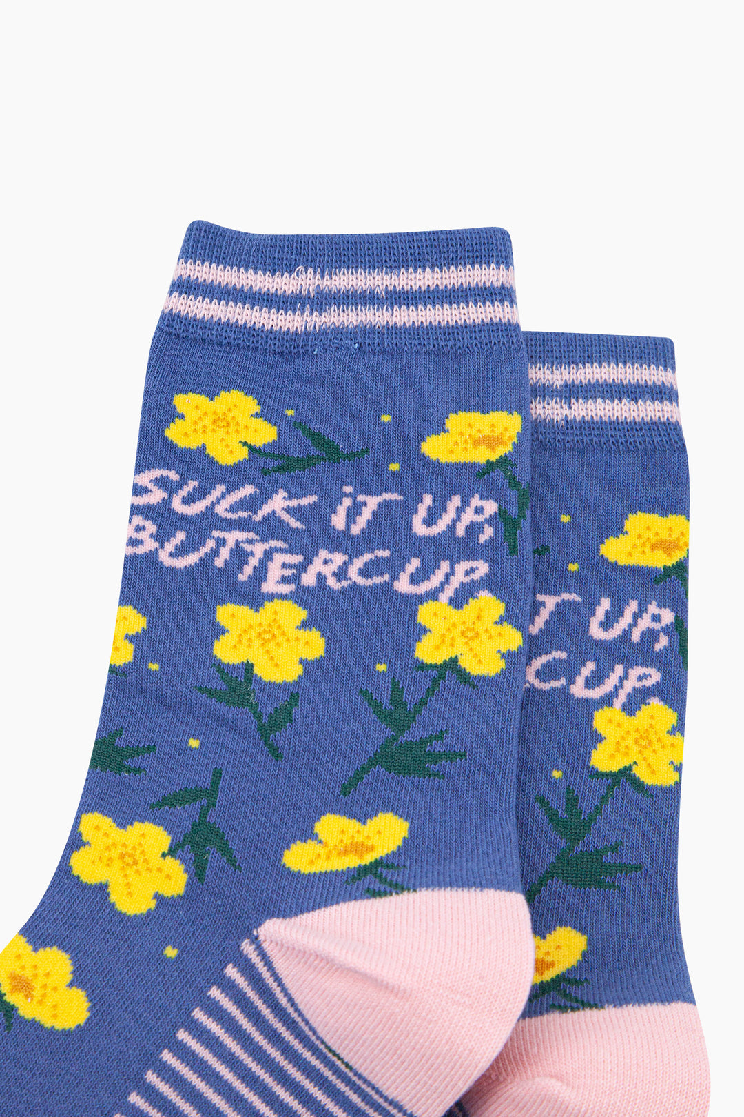 Suck-It-Up-Buttercup-Combed-Cotton-Socks-in-Blue-Closeup
