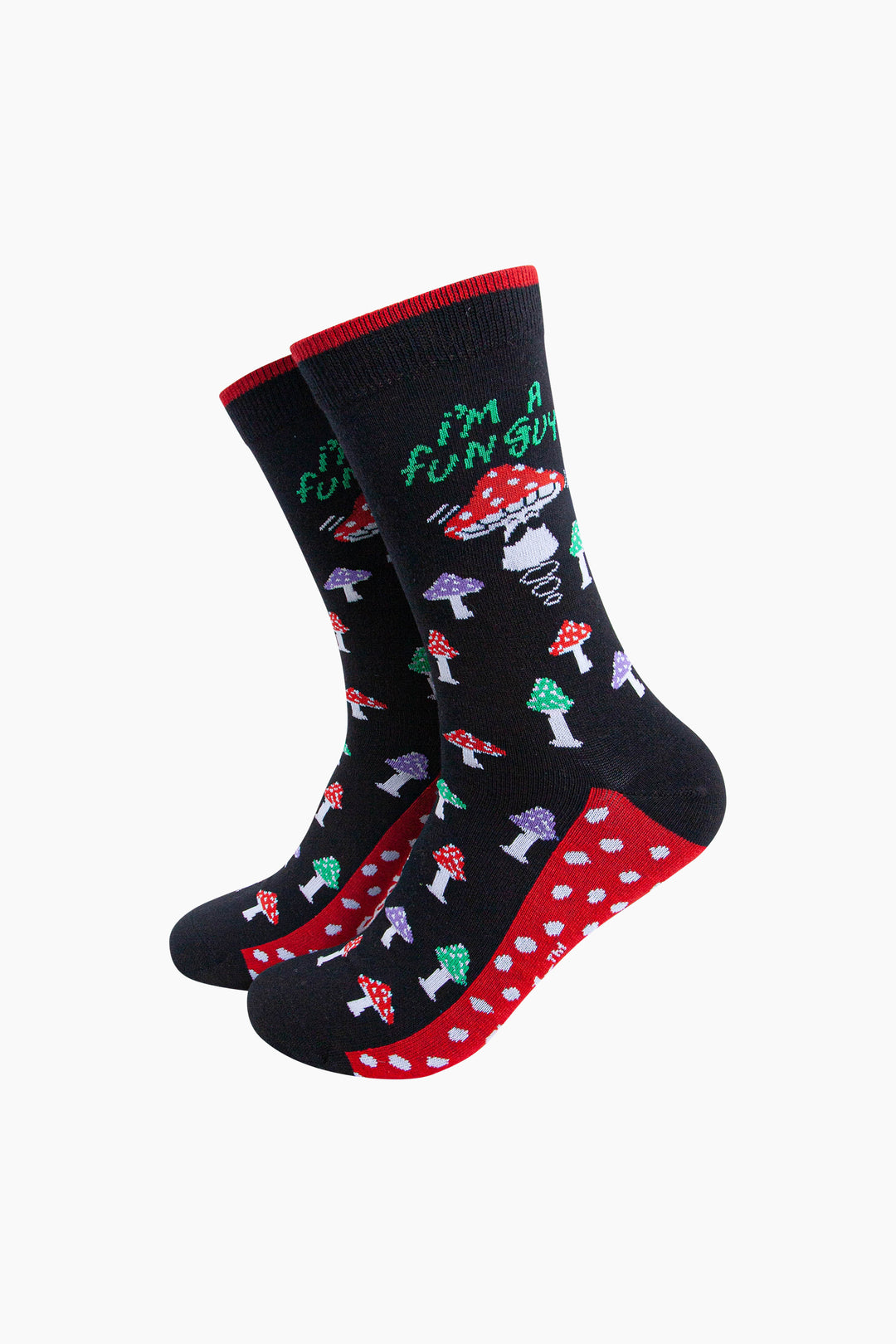 Fun-Guy-Mushroom-Combed-Cotton-Novelty-Socks-in-Black-Mannequin