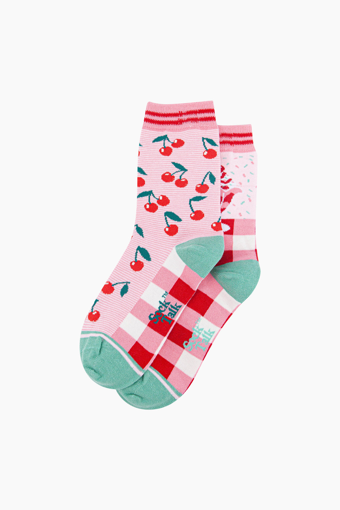 Cherry-Ice-Cream-Sundae-Combed-Cotton-Odd-Socks-in-Pink-Lying-Flat