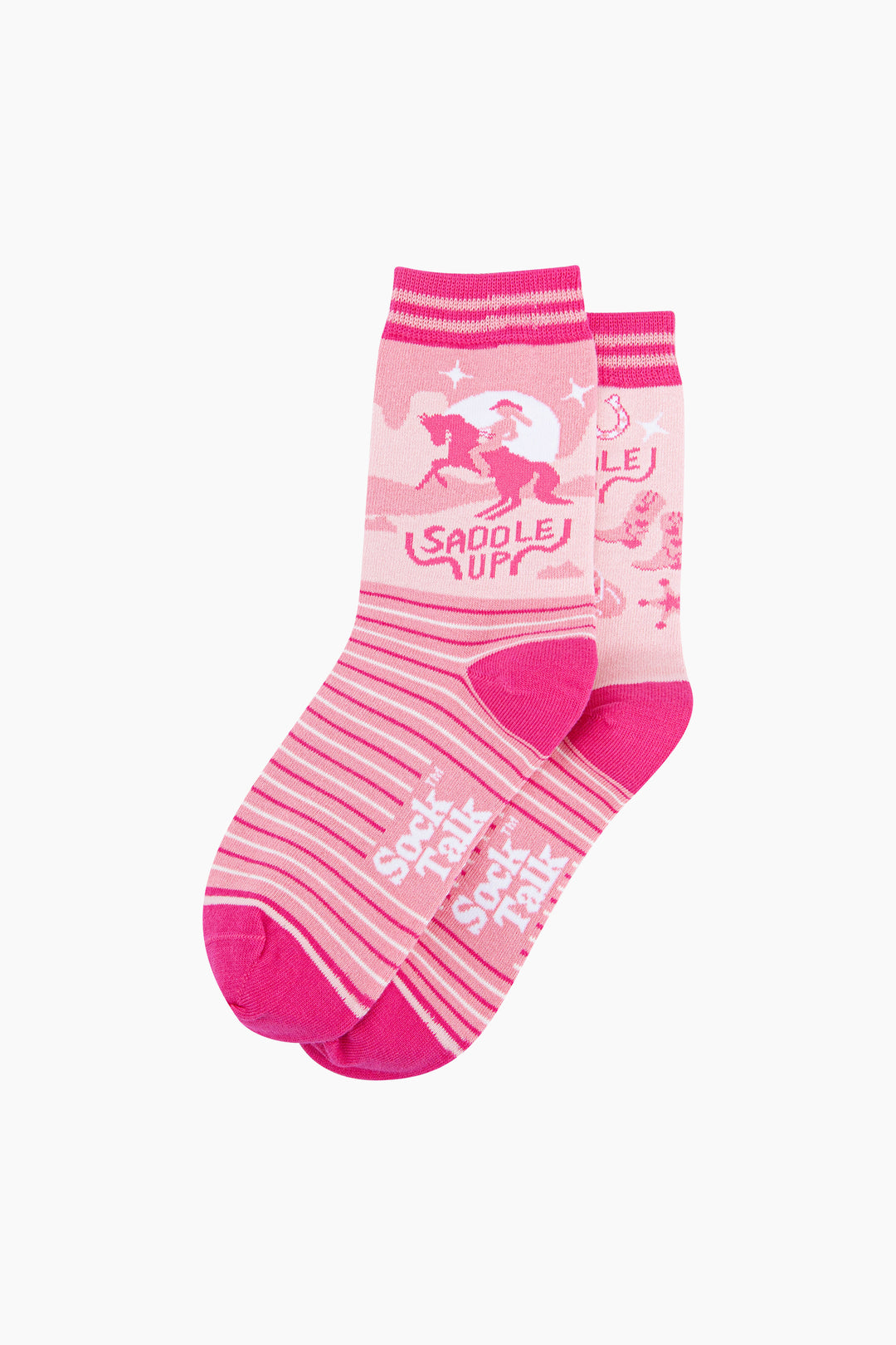 Saddle-Up-Horse-Combed-Cotton-Odd-Socks-in-Pink-Lying-Flat