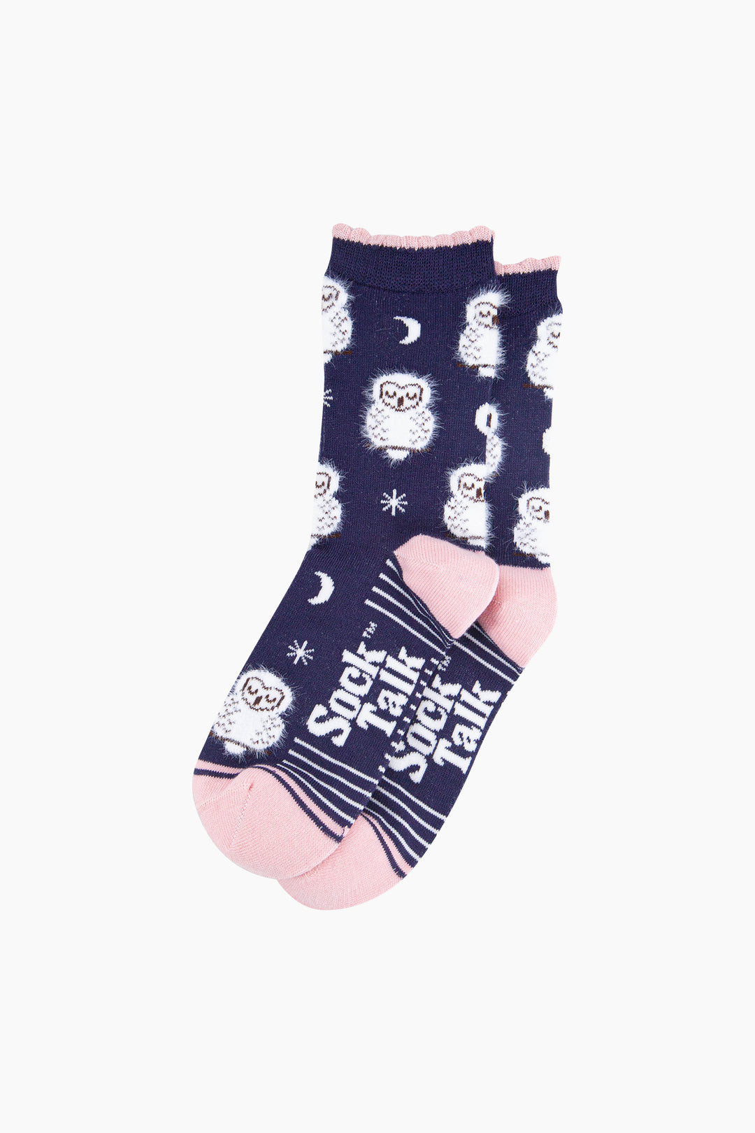 Sleeping-Barn-Owl-Fluffy-Bamboo-Socks-in-Navy-Blue-Lying-Flat