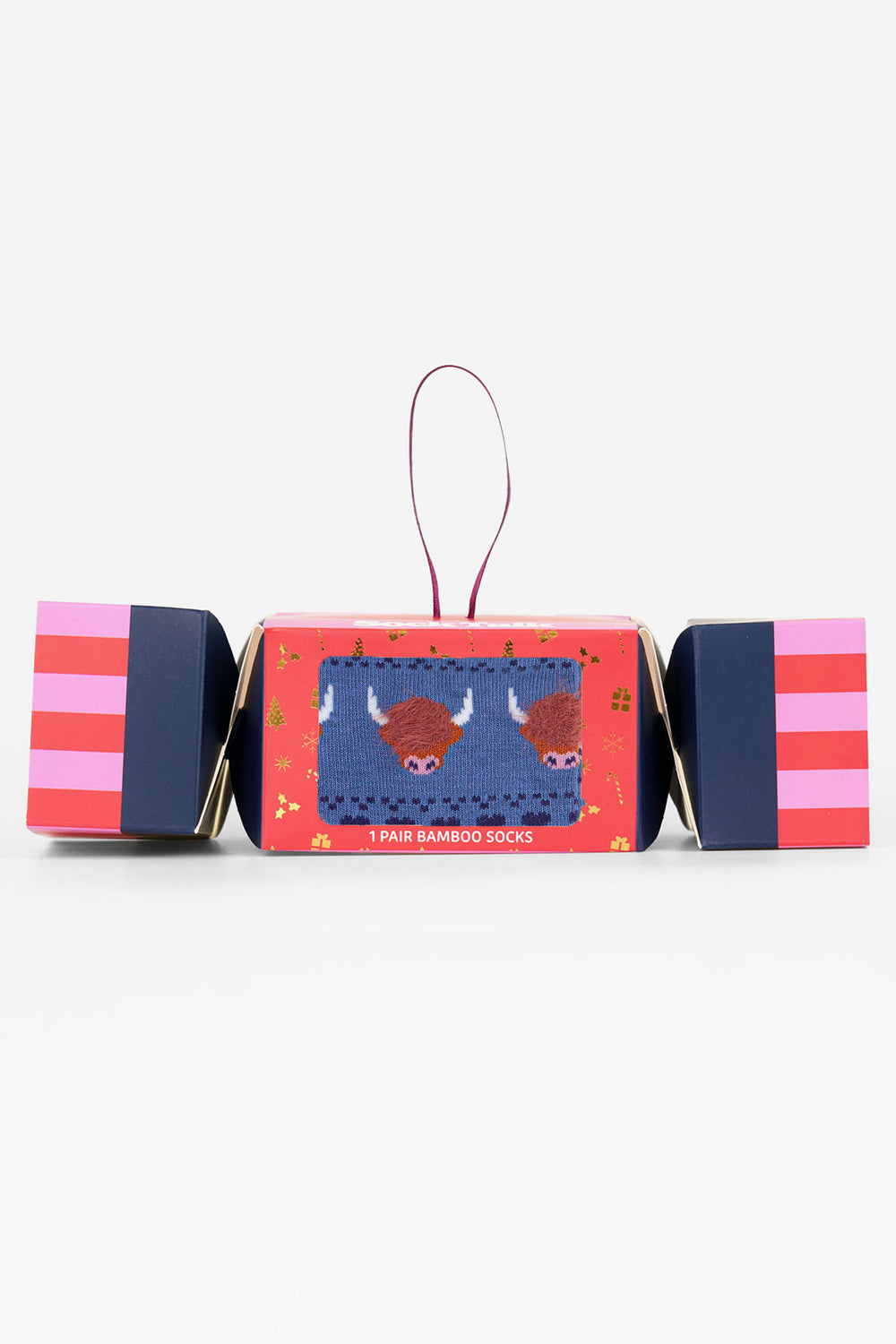 Highland-Cow-Fluffy-Bamboo-Crew-Socks-Christmas-Cracker-Gift-Box-in-Blue
