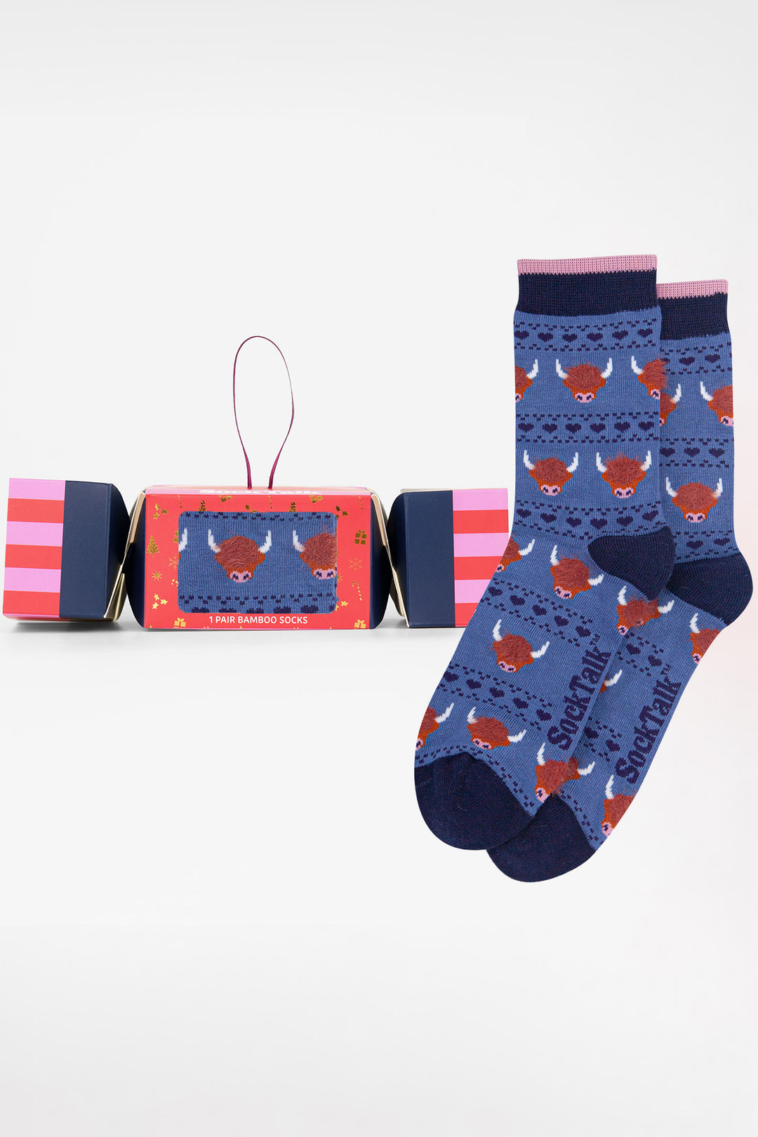 Highland-Cow-Fluffy-Bamboo-Crew-Socks-Christmas-Cracker-Gift-Box-in-Blue
