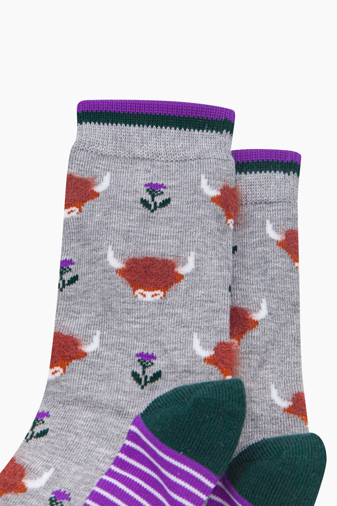 Grey-Highland-Cow-Women's-Fluffy-Bamboo-Socks-Close-Up