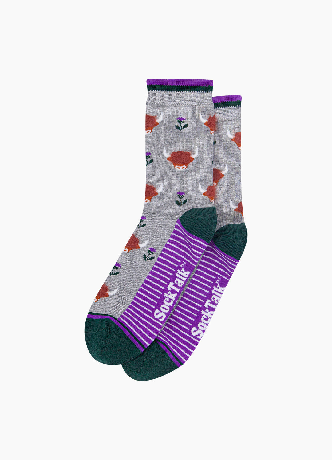 Grey-Highland-Cow-Women's-Fluffy-Bamboo-Socks-Laid-Flat