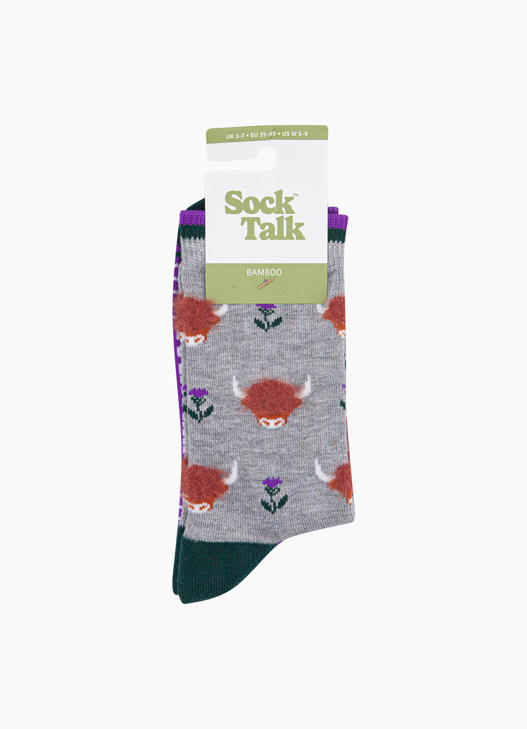 Grey-Highland-Cow-Women's-Fluffy-Bamboo-Socks-In-Packaging