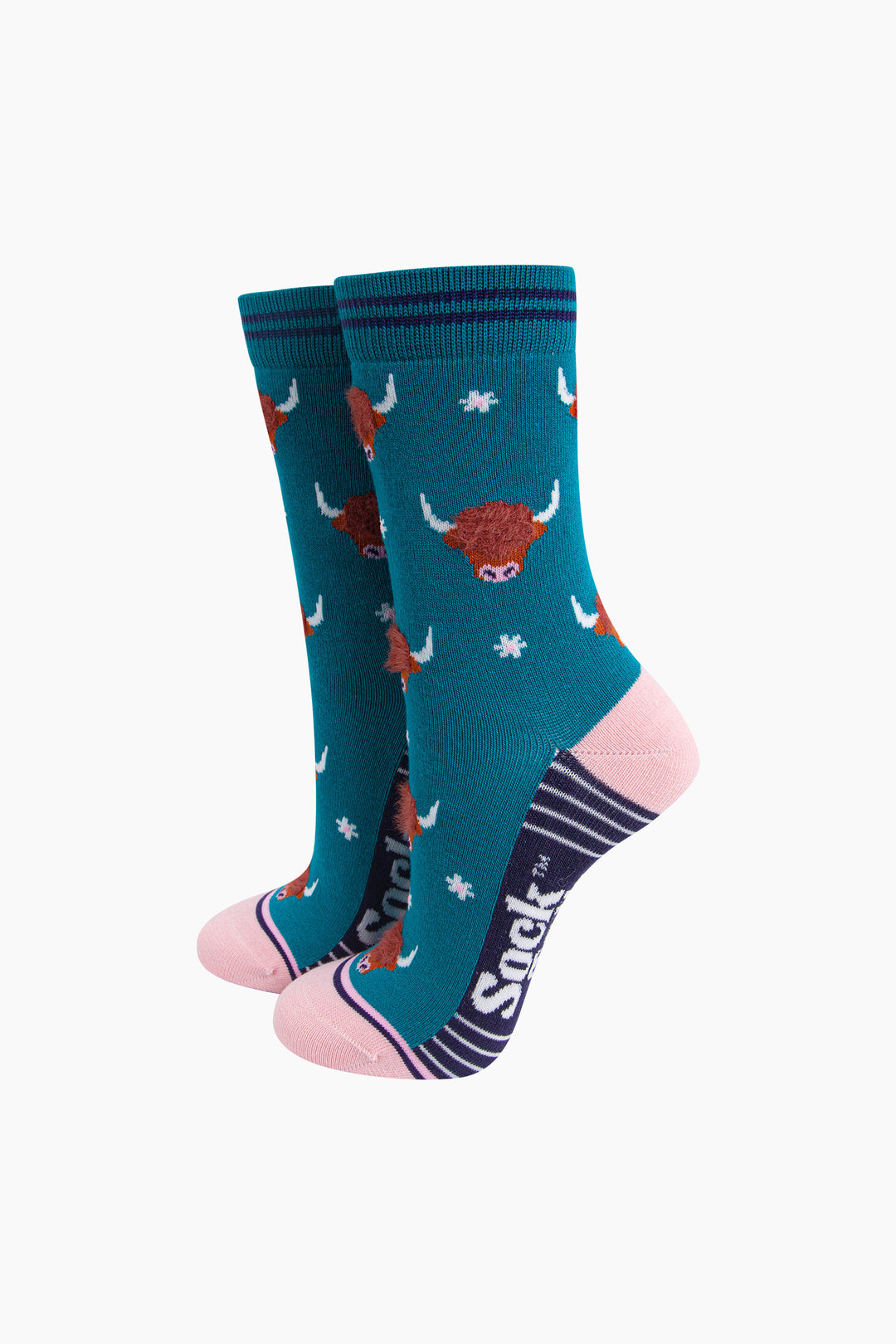 Highland-Cow-Floral-Fluffy-Bamboo-Socks-in-Teal-Mannequin