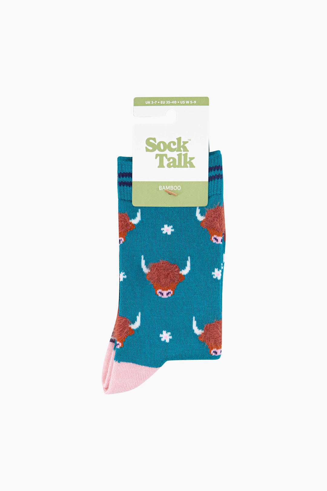 Highland-Cow-Floral-Fluffy-Bamboo-Socks-in-Teal-In-Packaging