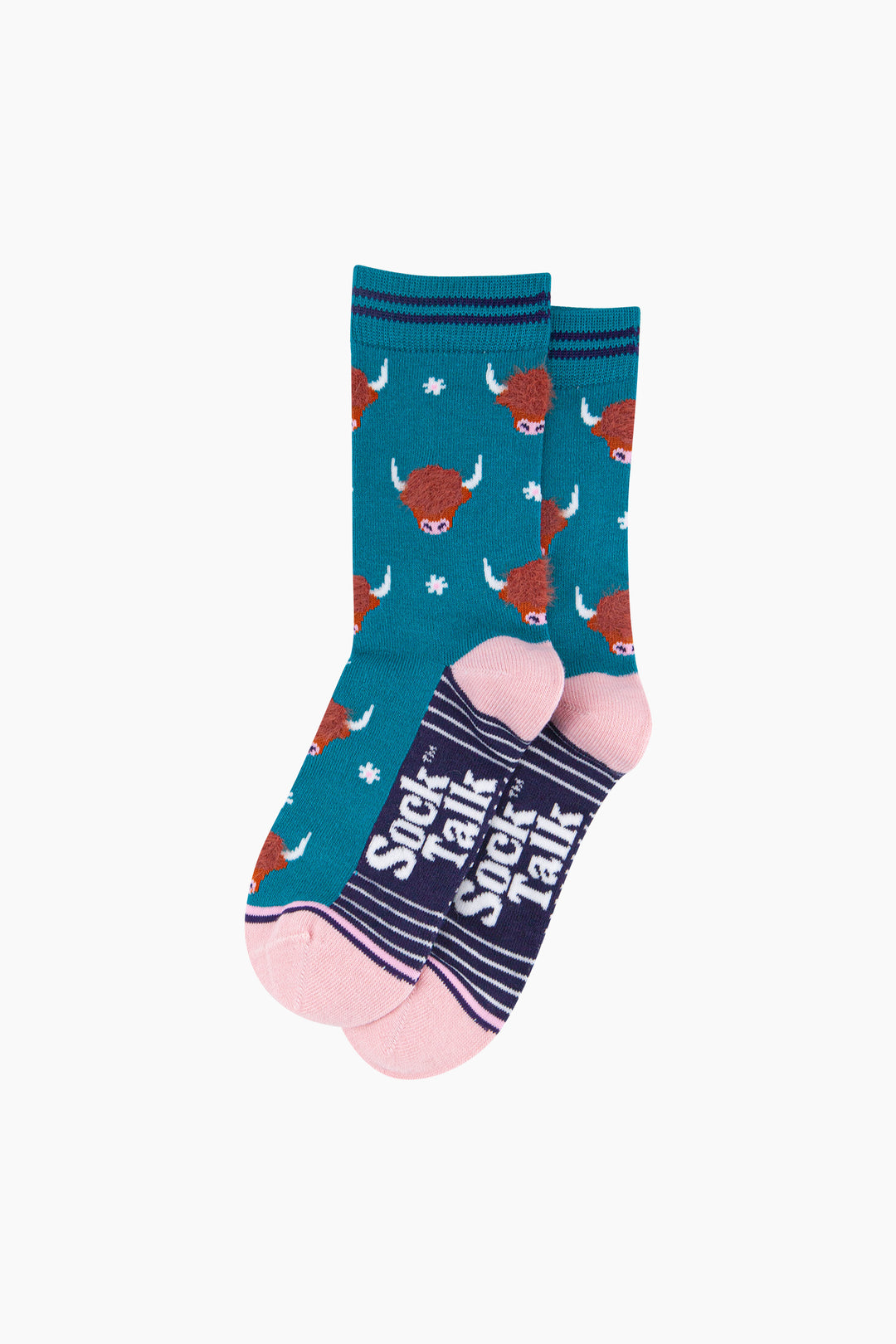 Highland-Cow-Floral-Fluffy-Bamboo-Socks-in-Teal-Lying-Flat