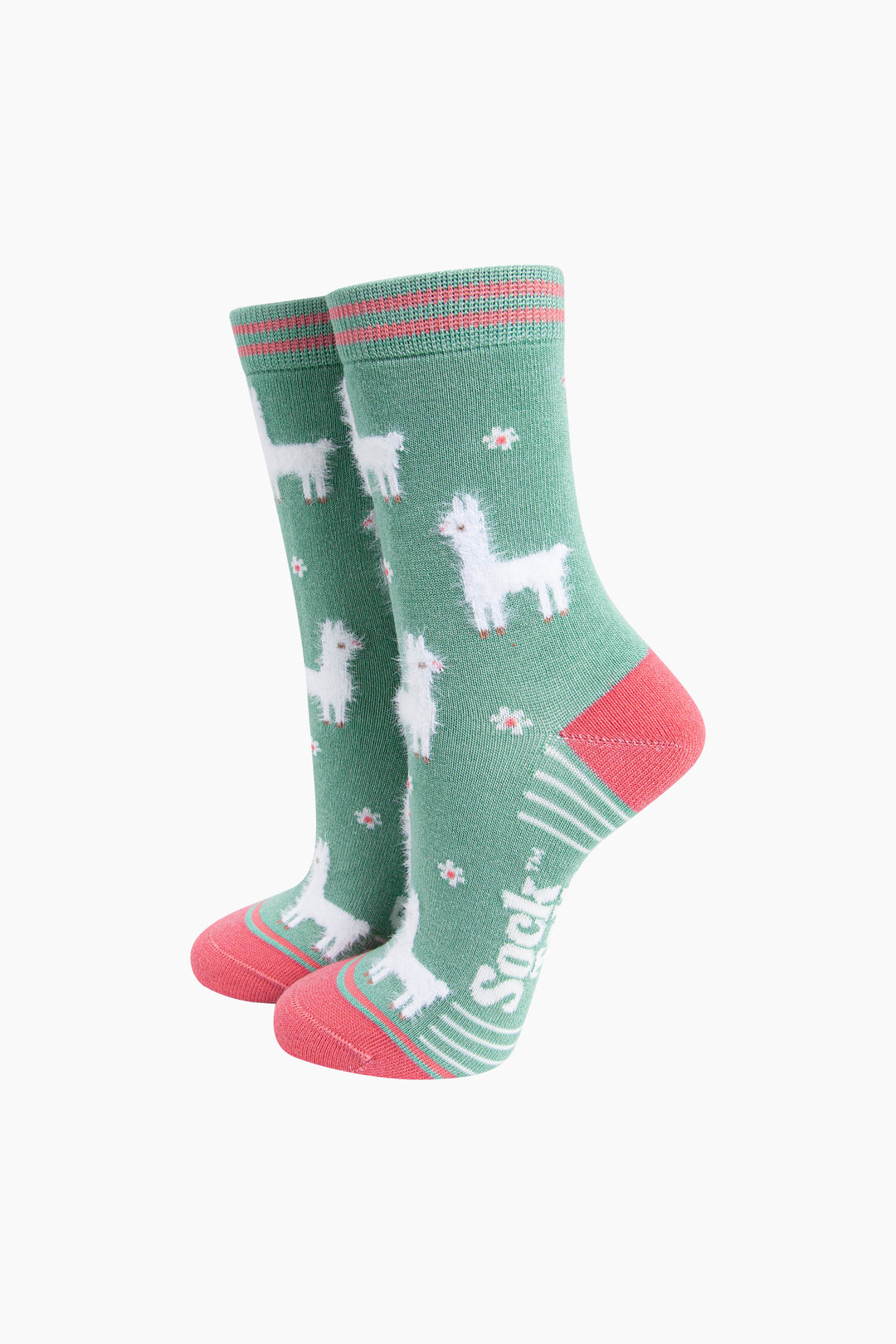 Llama-Floral-Fluffy-Bamboo-Socks-in-Green-Mannequin