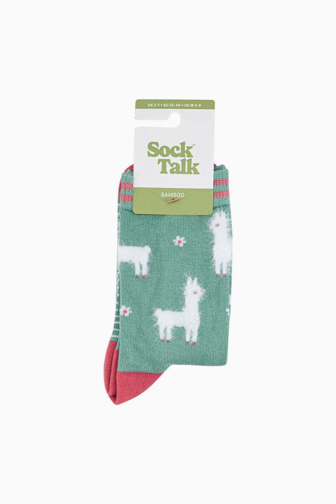 Llama-Floral-Fluffy-Bamboo-Socks-in-Green-In-Packaging