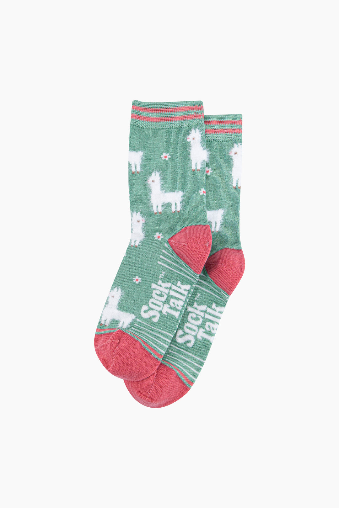 Llama-Floral-Fluffy-Bamboo-Socks-in-Green-Lying-Flat